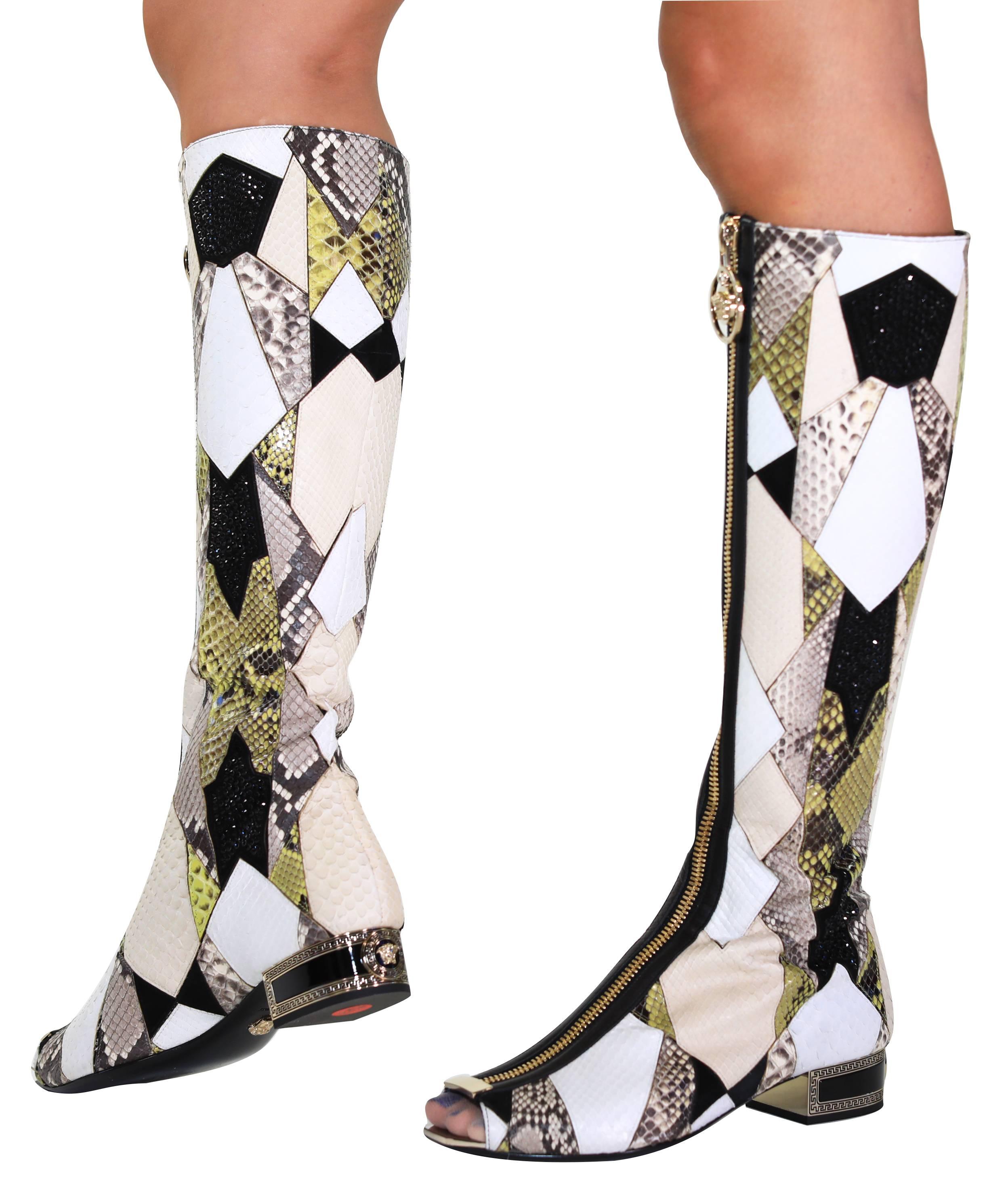 New VERSACE Crystal Embelished Python Gladiator Boots with open toe 37 In New Condition For Sale In Montgomery, TX