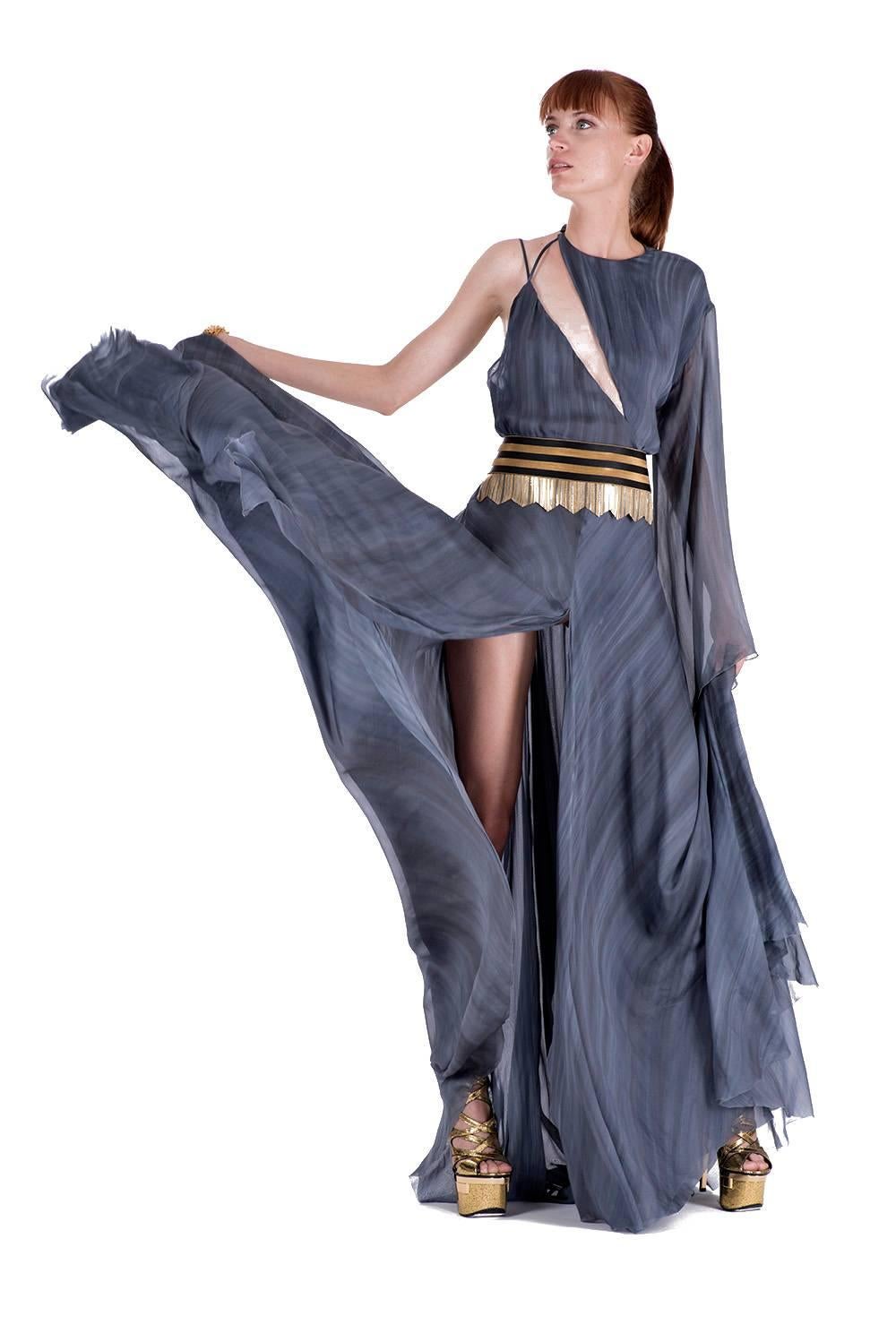 Gray S/S 2013 Look # 44 NEW VERSACE DOVE GREY LONG DRESS GOWN with ONE SLEEVE 38 - 2