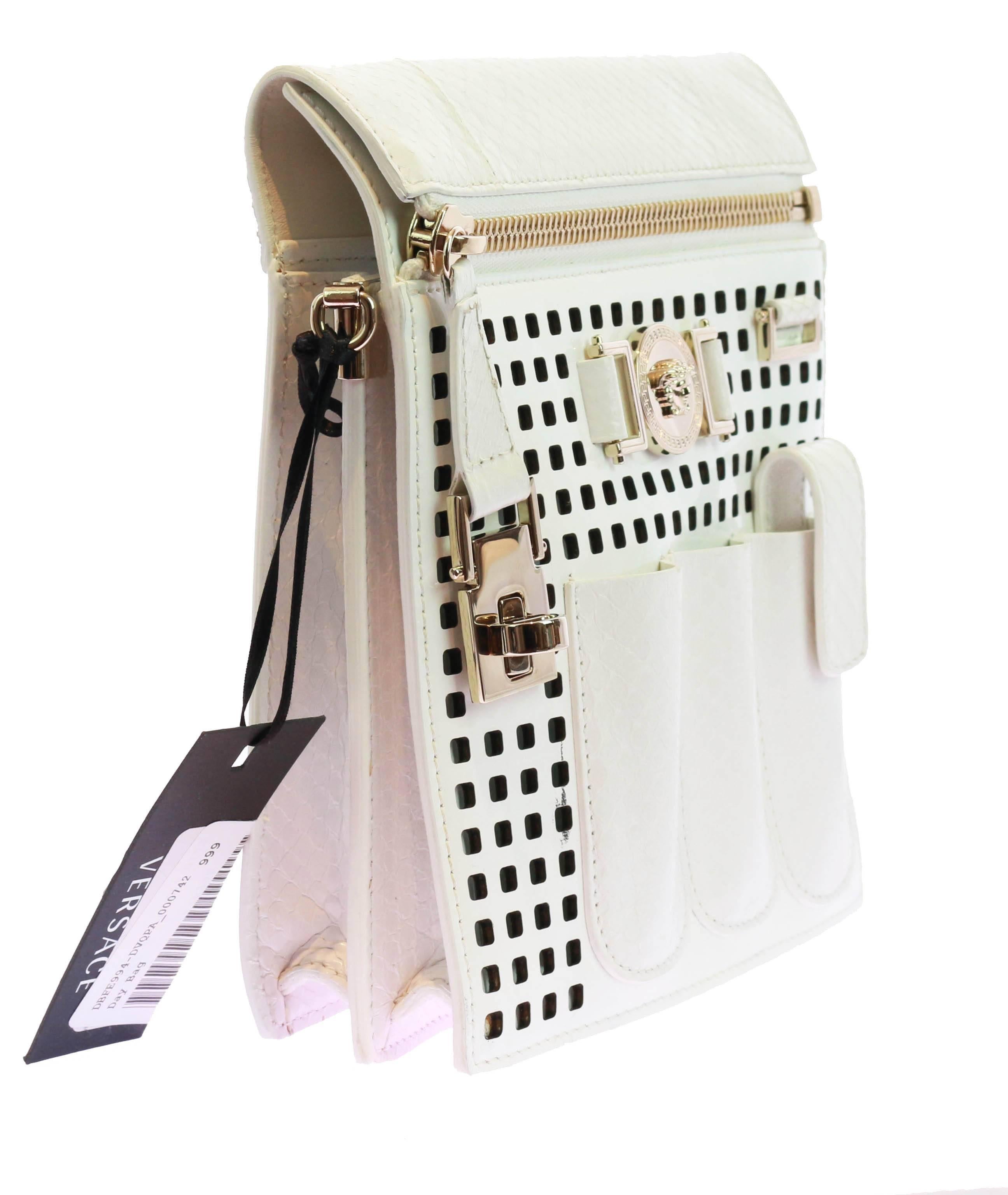 New VERSACE PERFORATED PATENT LEATHER WHITE CROSSBODY BAG In New Condition For Sale In Montgomery, TX