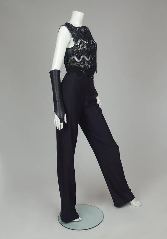 SarahNeuhard Black Lace Top with Silk Trousers and Leather Gloves For ...