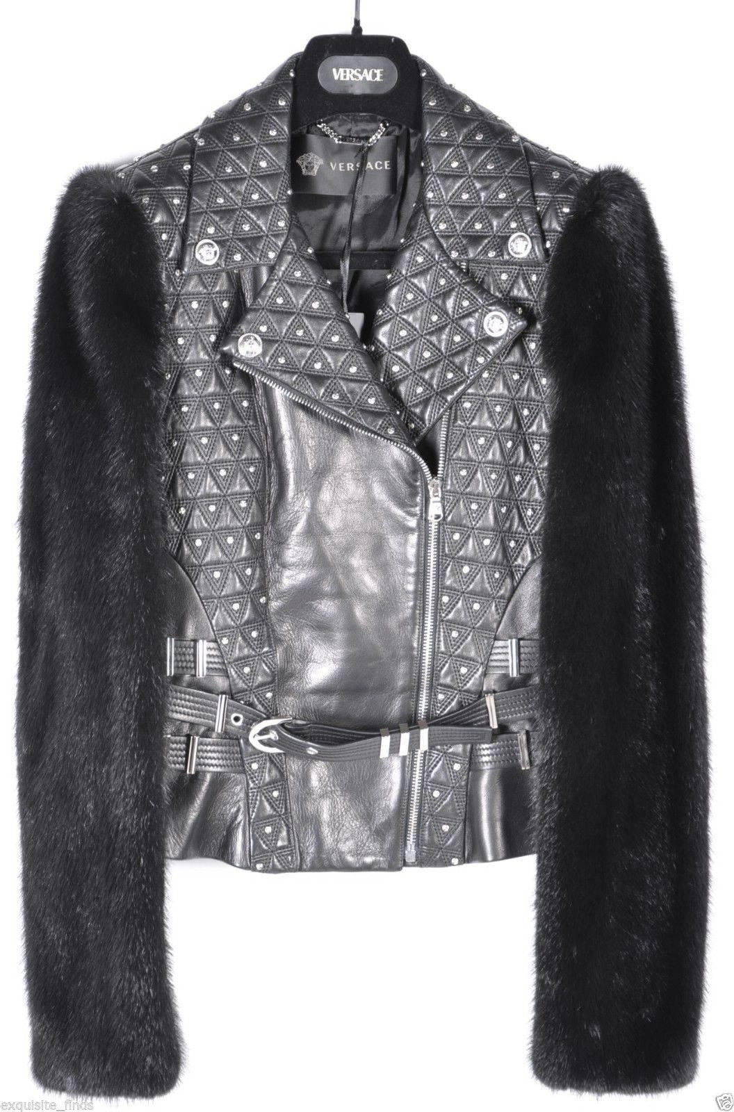 Black New VERSACE Studded Leather Moto Jacket With Mink Sleeves