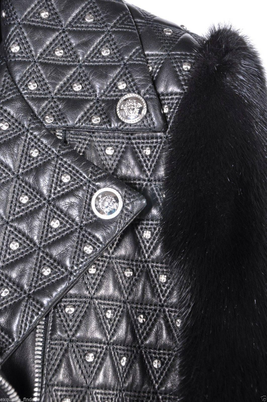 Women's New VERSACE Studded Leather Moto Jacket With Mink Sleeves