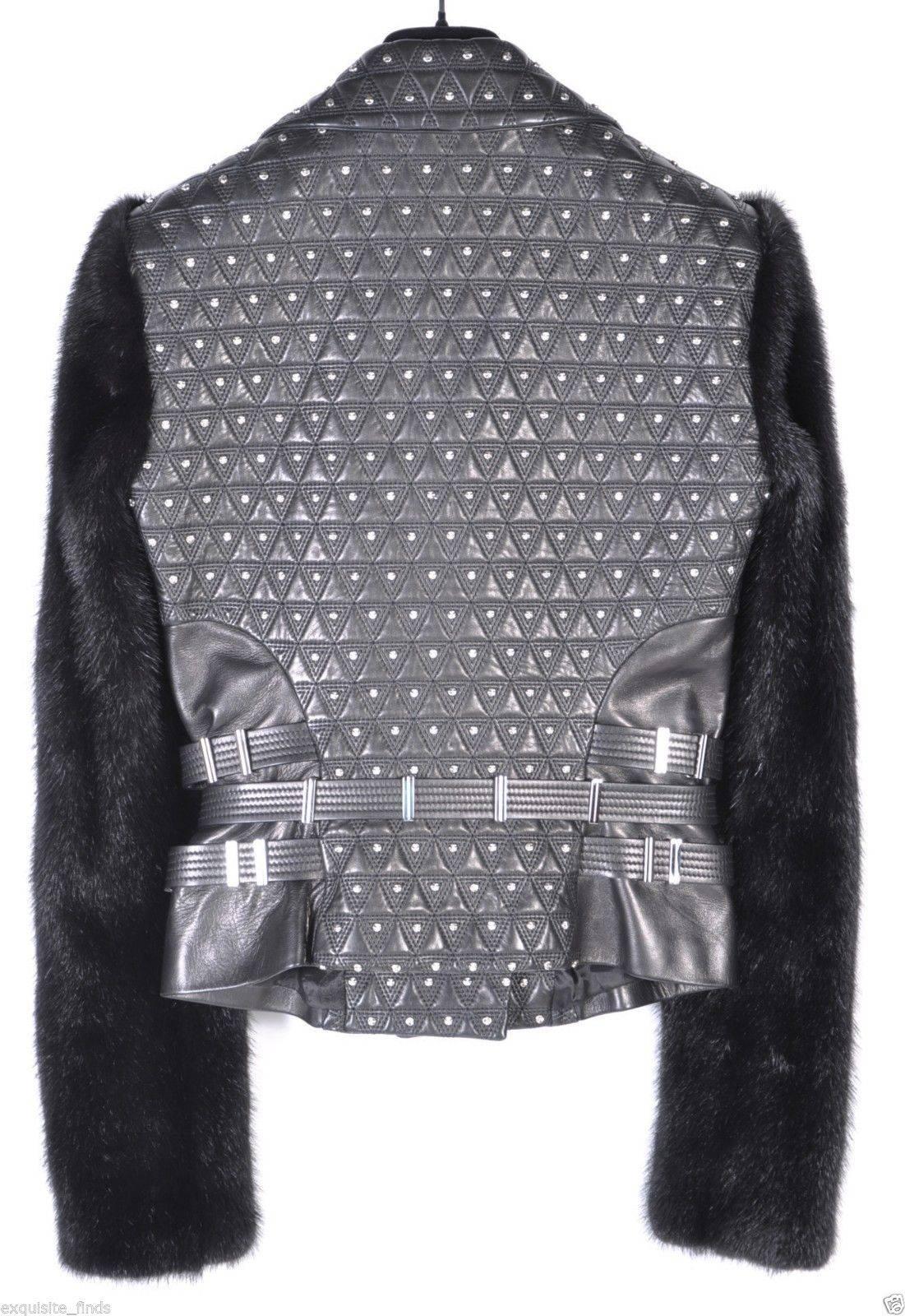New VERSACE Studded Leather Moto Jacket With Mink Sleeves 1