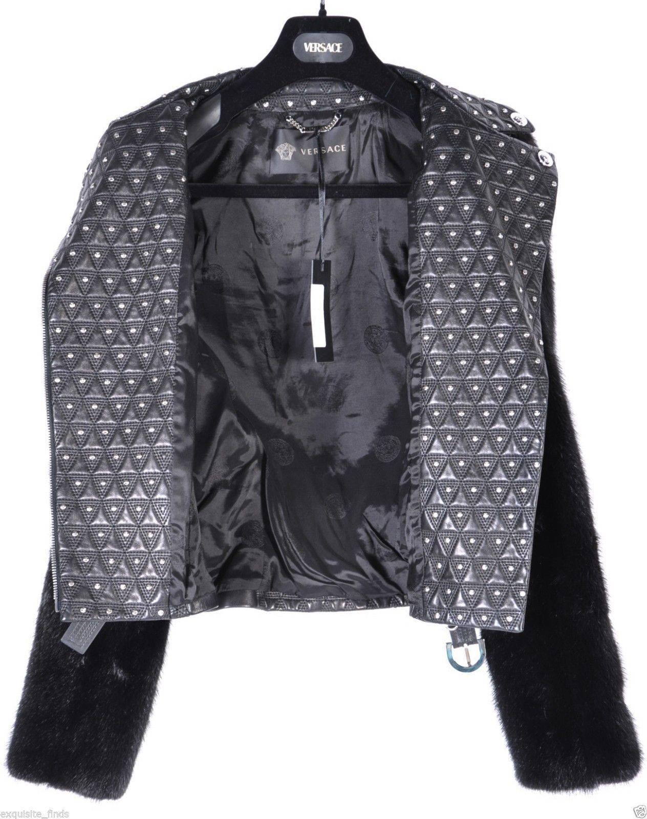 New VERSACE Studded Leather Moto Jacket With Mink Sleeves 4