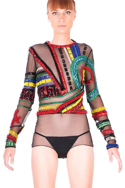 New VERSACE EMBELLISHED TULLE BODYSUIT TOP  For Sale 1