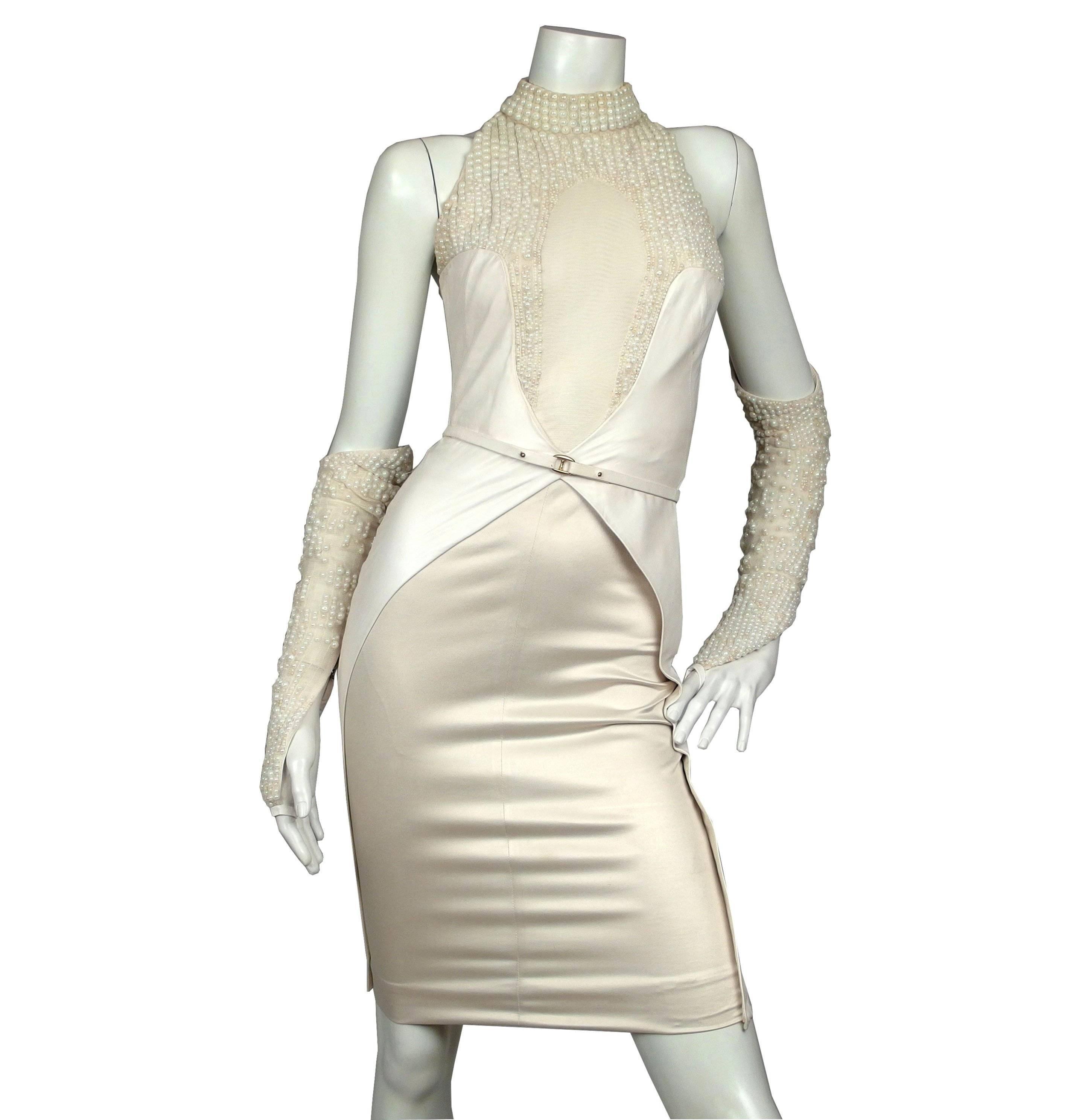 Beige SarahNeuhard pearl embellished knee length dress