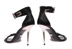 VERSACE black leather sandals with metallic stiletto heel Sz 41