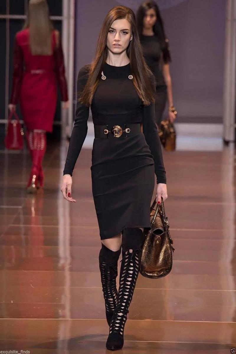 Black F/W 2014 Look # 27 NEW VERSACE BLACK SUEDE OVER THE KNEE BOOTS 38 - 8 For Sale