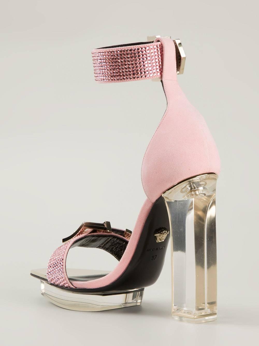 Beige VERSACE pink crystal embellished plexi platform sandals