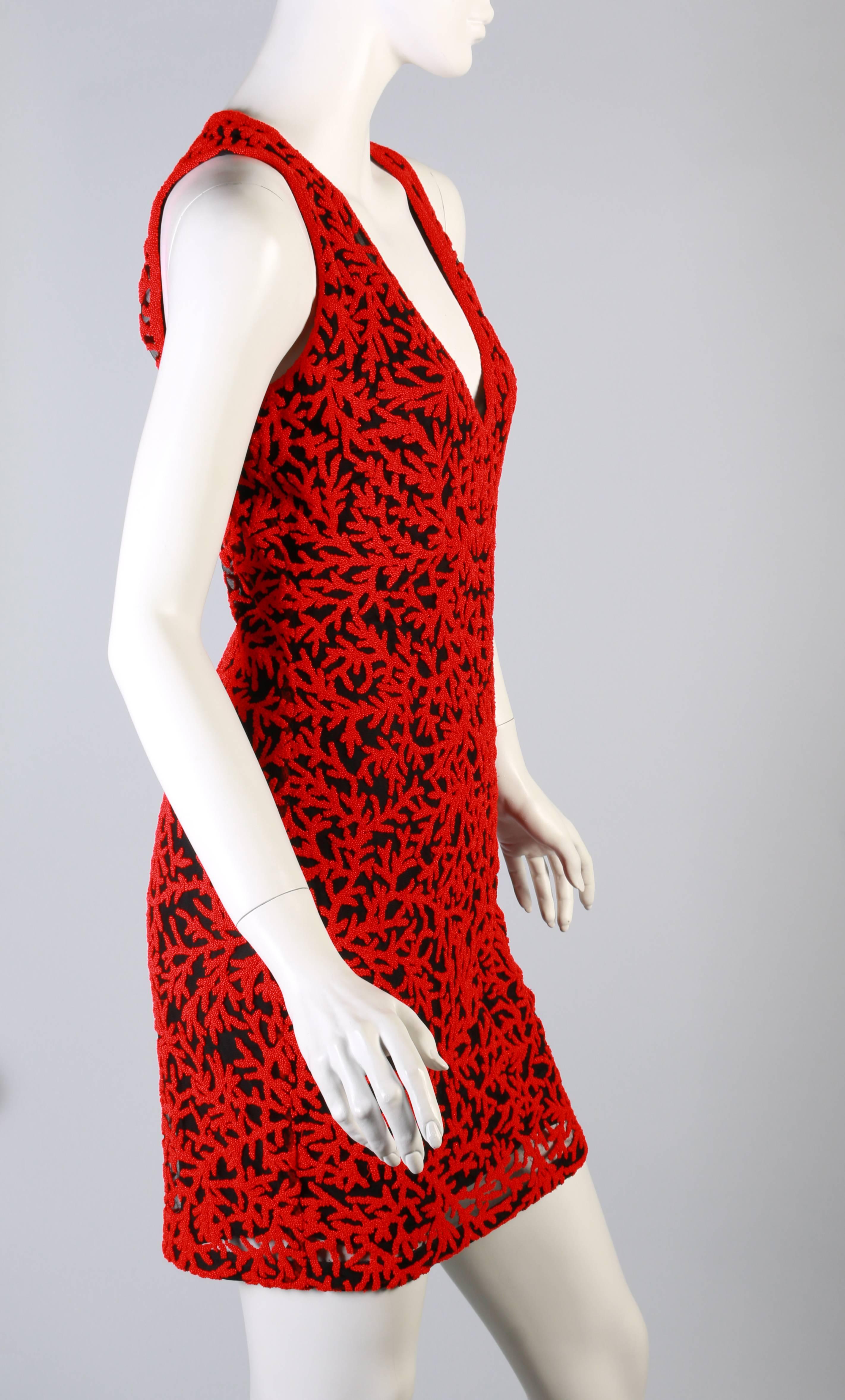 Naeem Khan Red Coral Beaded Tulle Dress In Excellent Condition In Montgomery, TX