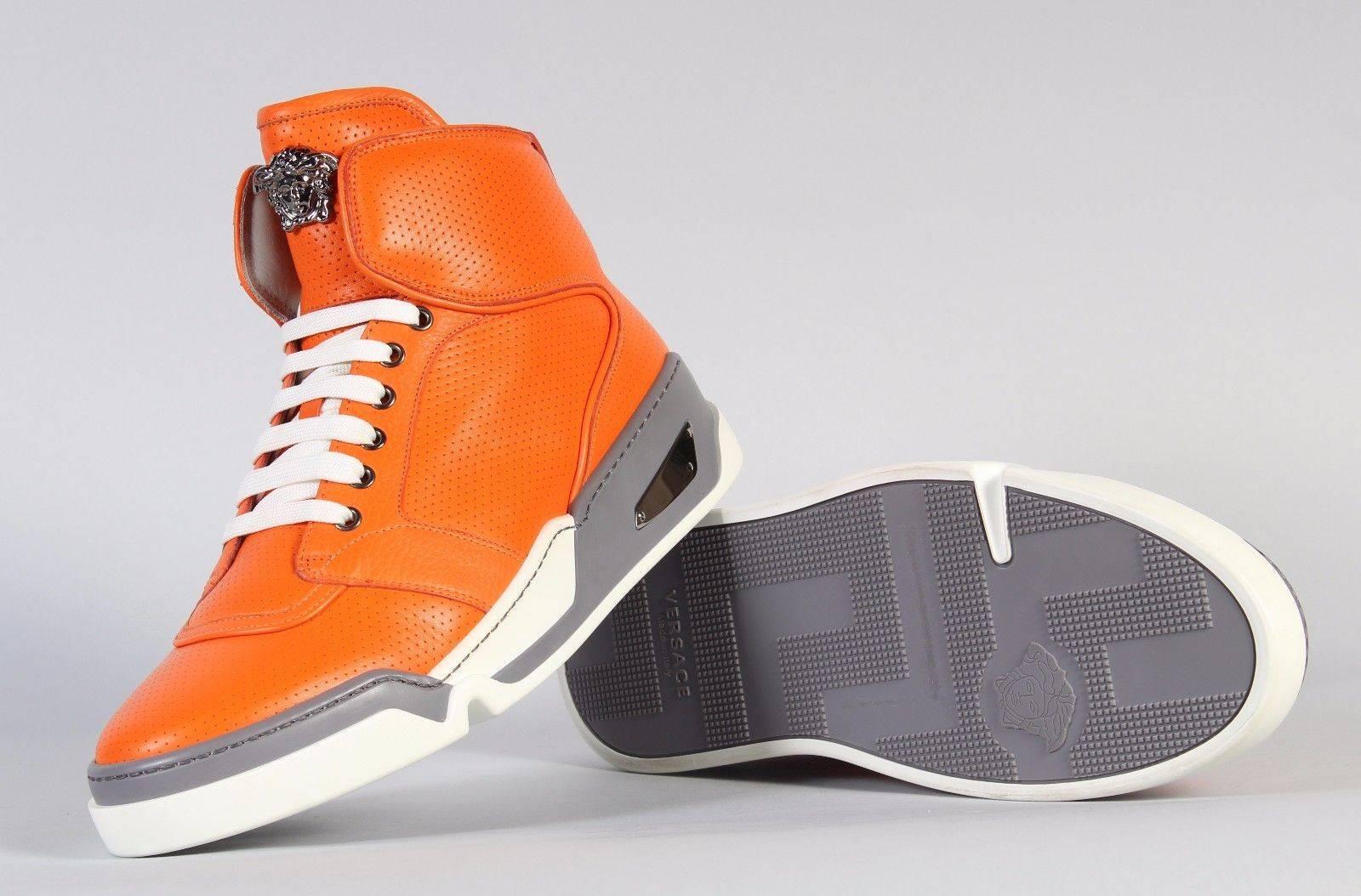 New Versace Men's Orange Perforated Leather High-Top Sneakers  1