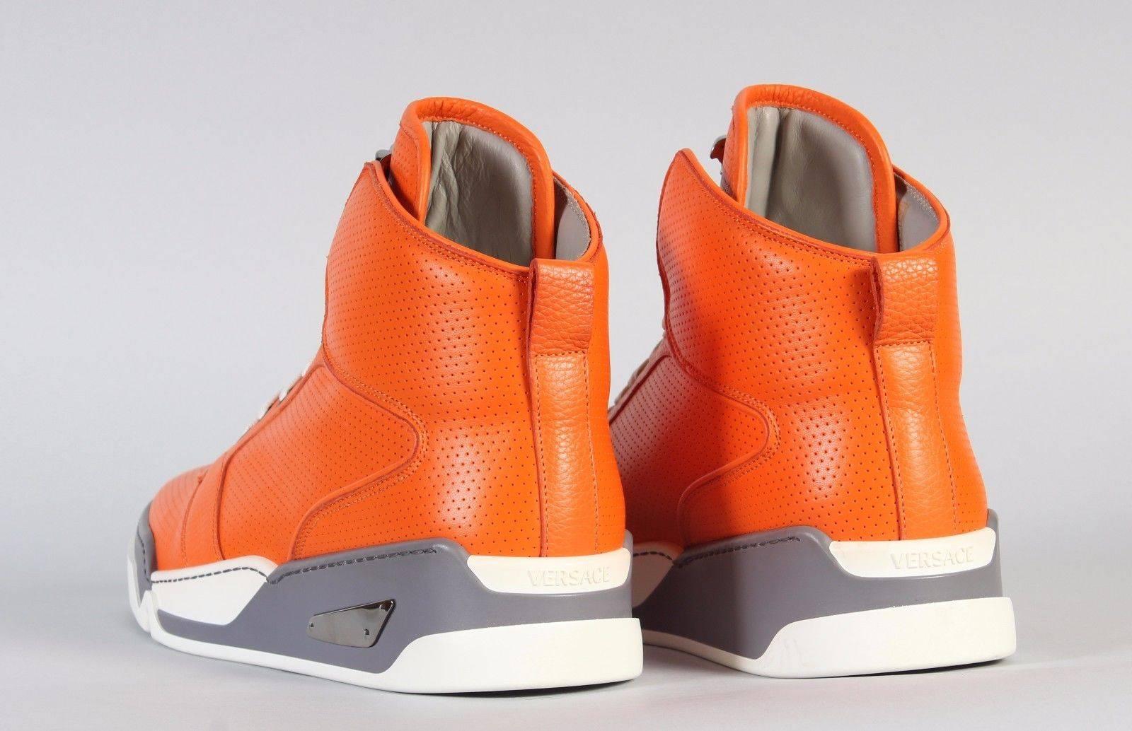 New Versace Men's Orange Perforated Leather High-Top Sneakers  2