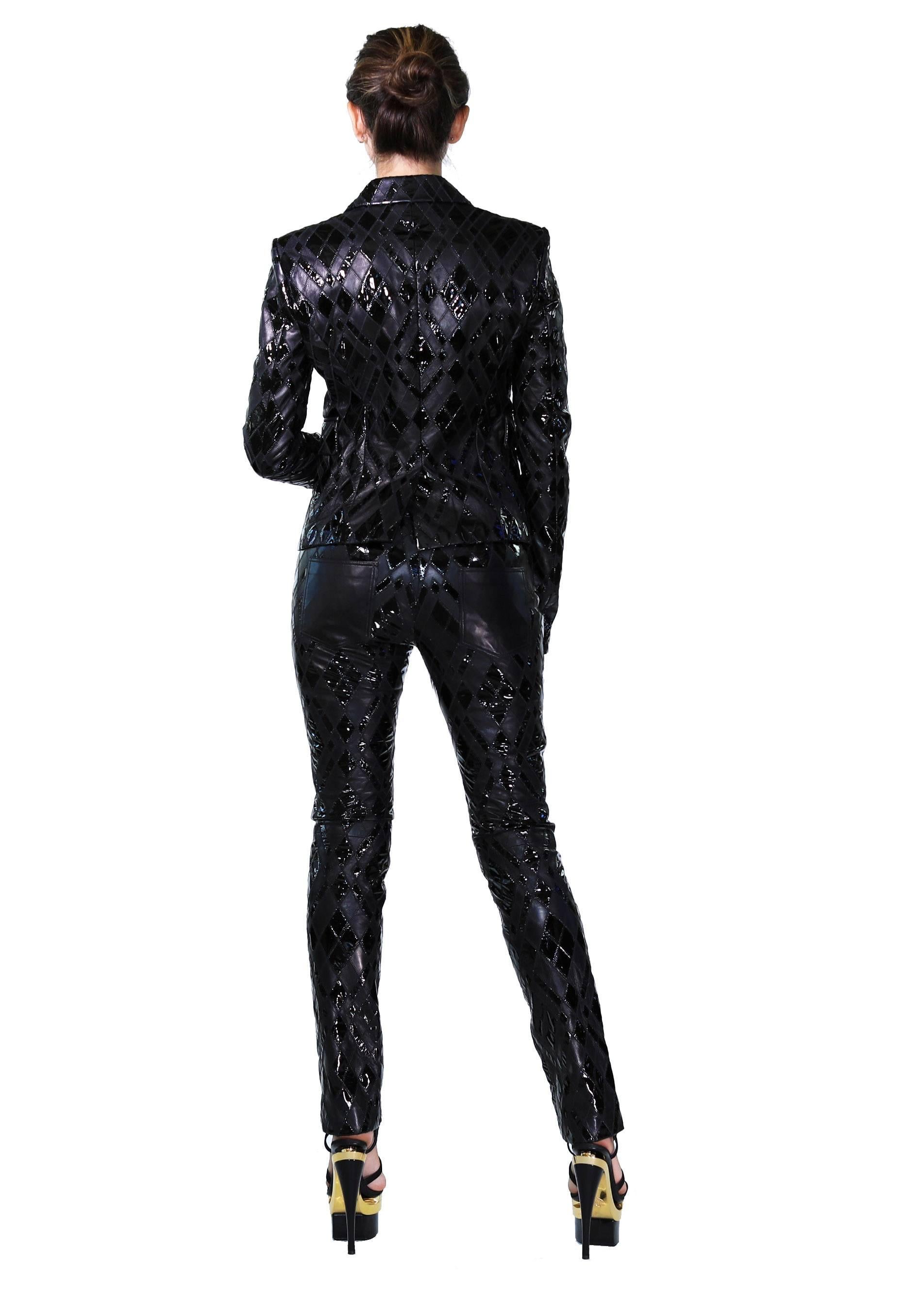 Tailleur pantalon en cuir noir patchwork Versace Neuf - En vente à Montgomery, TX