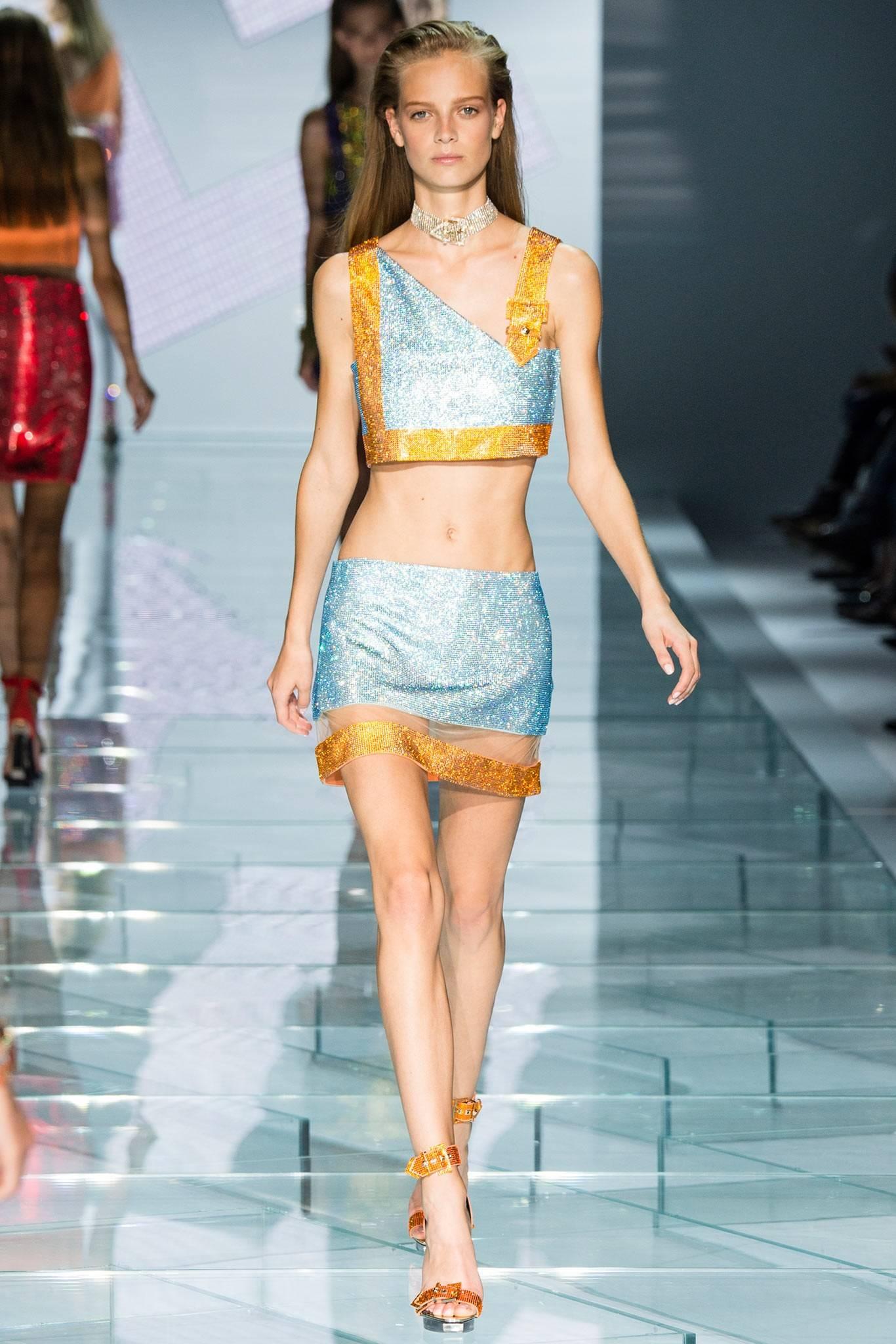 Women's Versace Crystal Embellished Metal Mesh Top and Skirt Set 