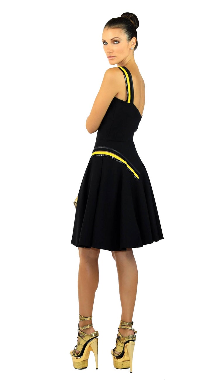 New Versace Black Dress with Leather and Tulle Detail For Sale at 1stDibs