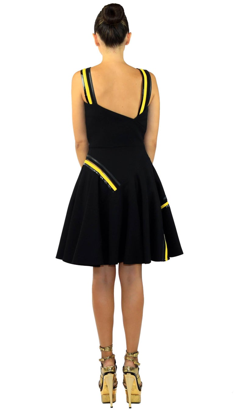 New Versace Black Dress with Leather and Tulle Detail For Sale at 1stDibs
