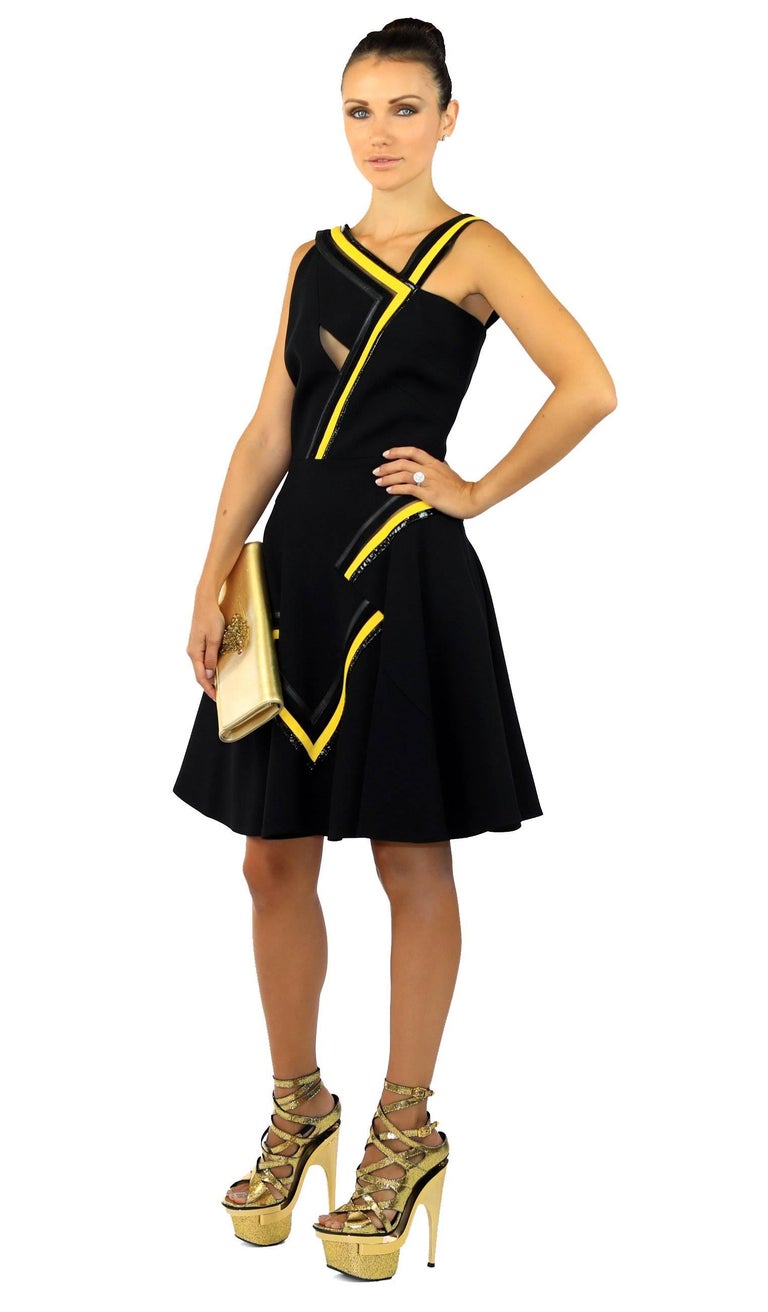 New Versace Black Dress with Leather and Tulle Detail For Sale at 1stDibs