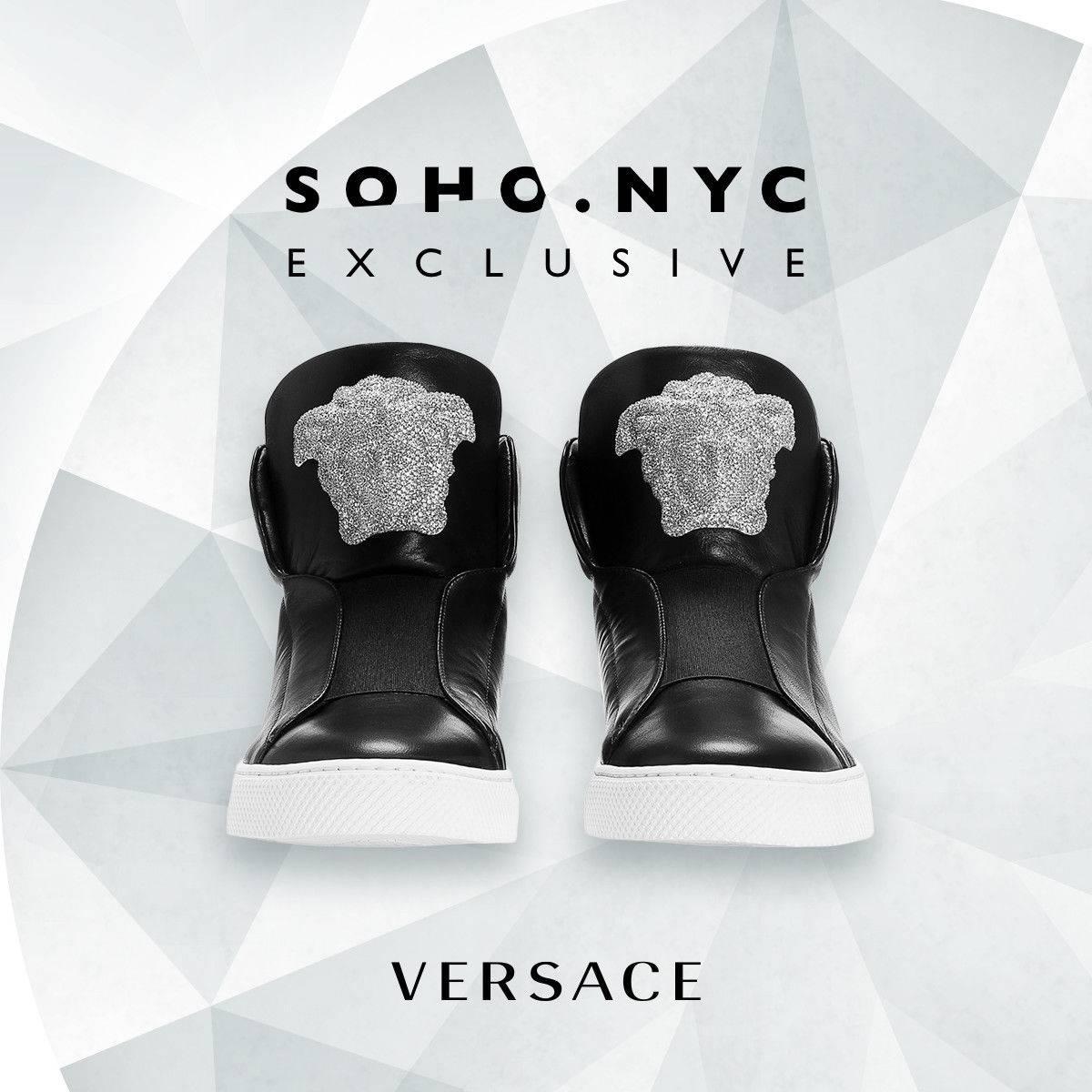 Versace SoHo Exclusive Crystal Embellished Black Leather Sneakers for Men.

Versace’s new SoHo Exclusive Sneaker is pretty much the definition of luxury. Not only is the shoe crafted from the finest calf skin and premium Nappa leather, but also