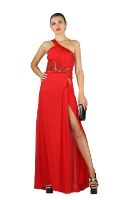 VERSACE VESTITO DA SERA ROSSO IN SETA LUNGA CON INSERTI IN PELLE PATENTATA 38 -2