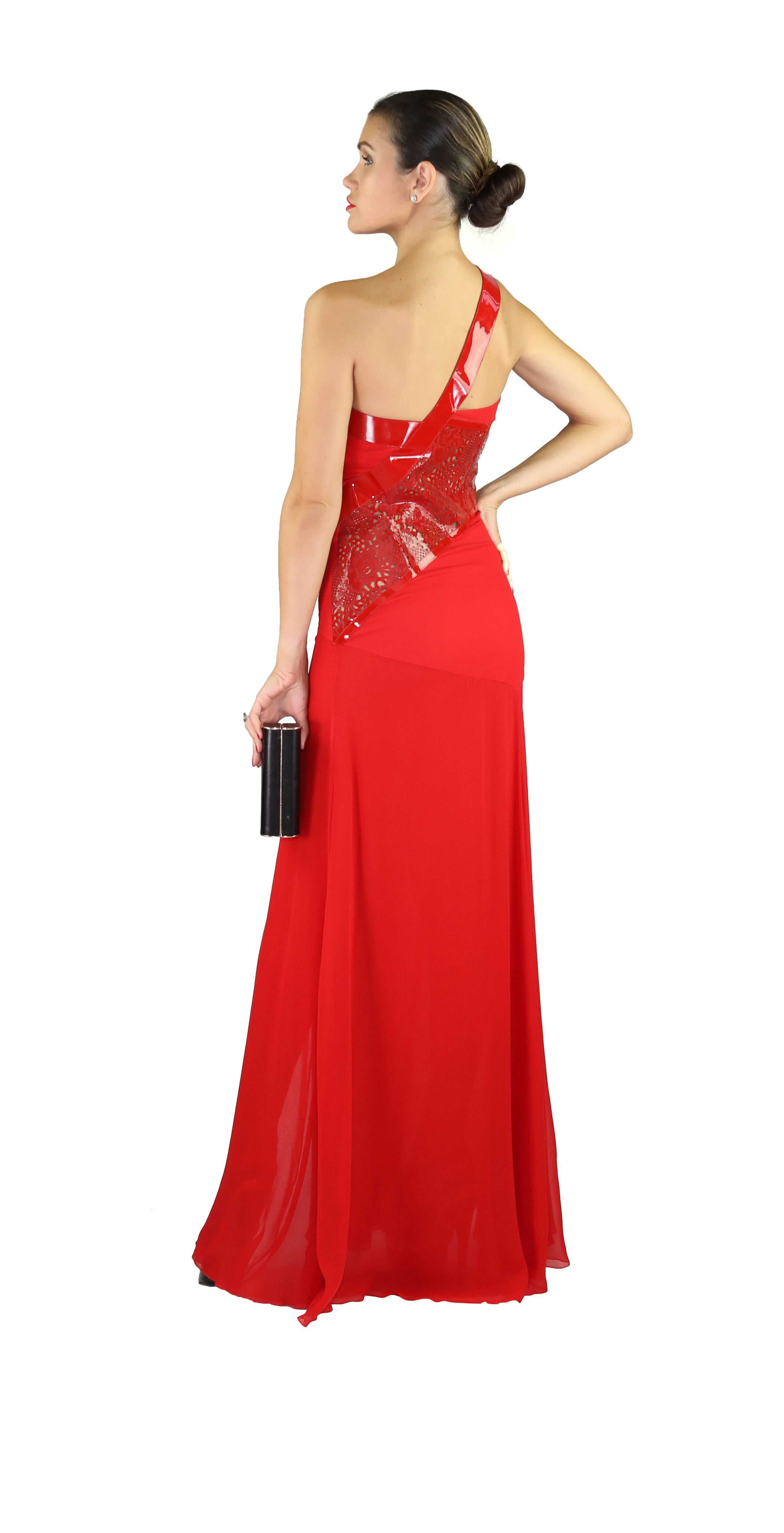 Red VERSACE RED SILK EVENING LONG GOWN DRESS w/PATENT LEATHER INSERTS 38 -2 For Sale