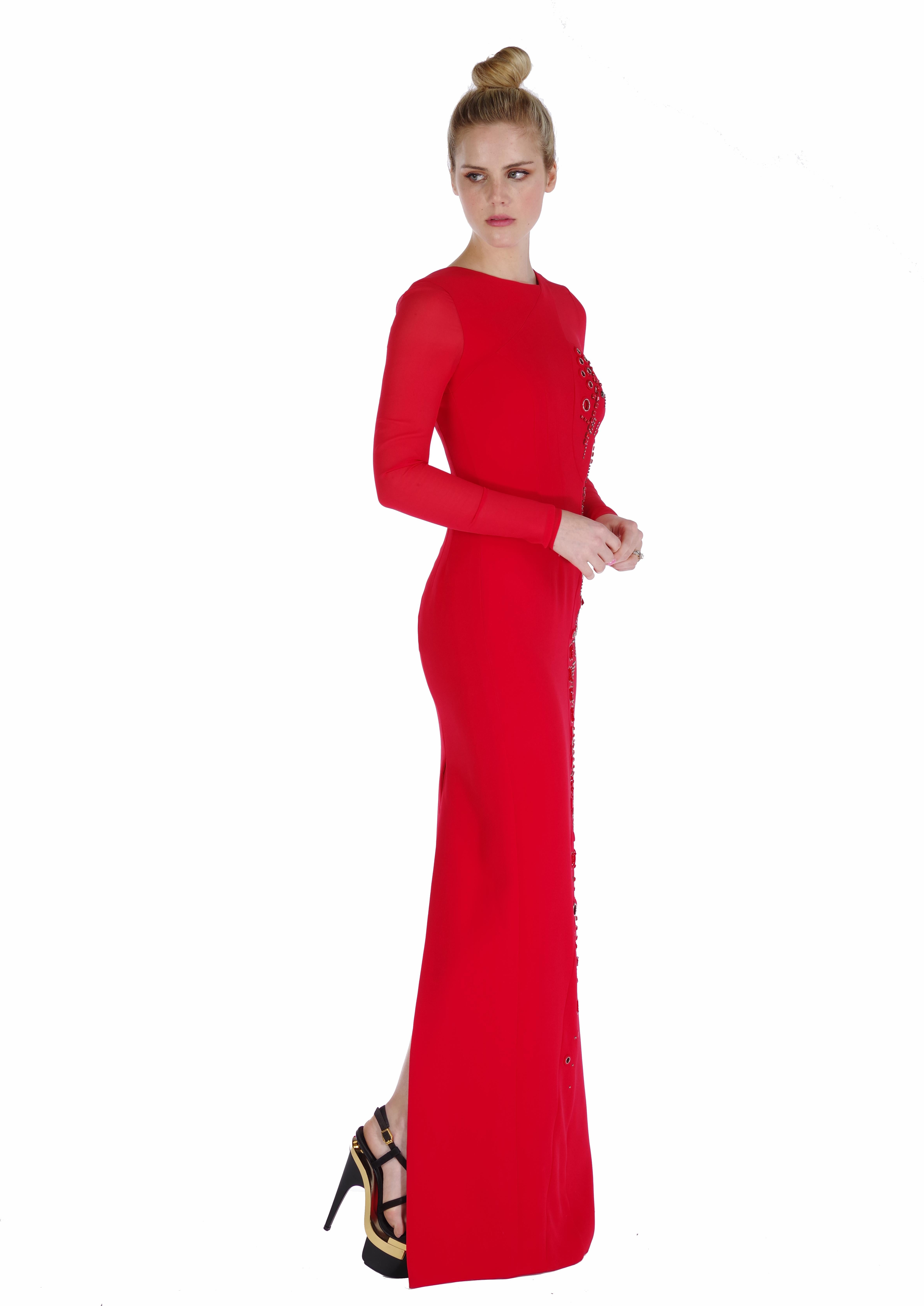 NEW VERSACE RED SILK EMBELLISHED GOWN with LONG SLEEVES For Sale 4