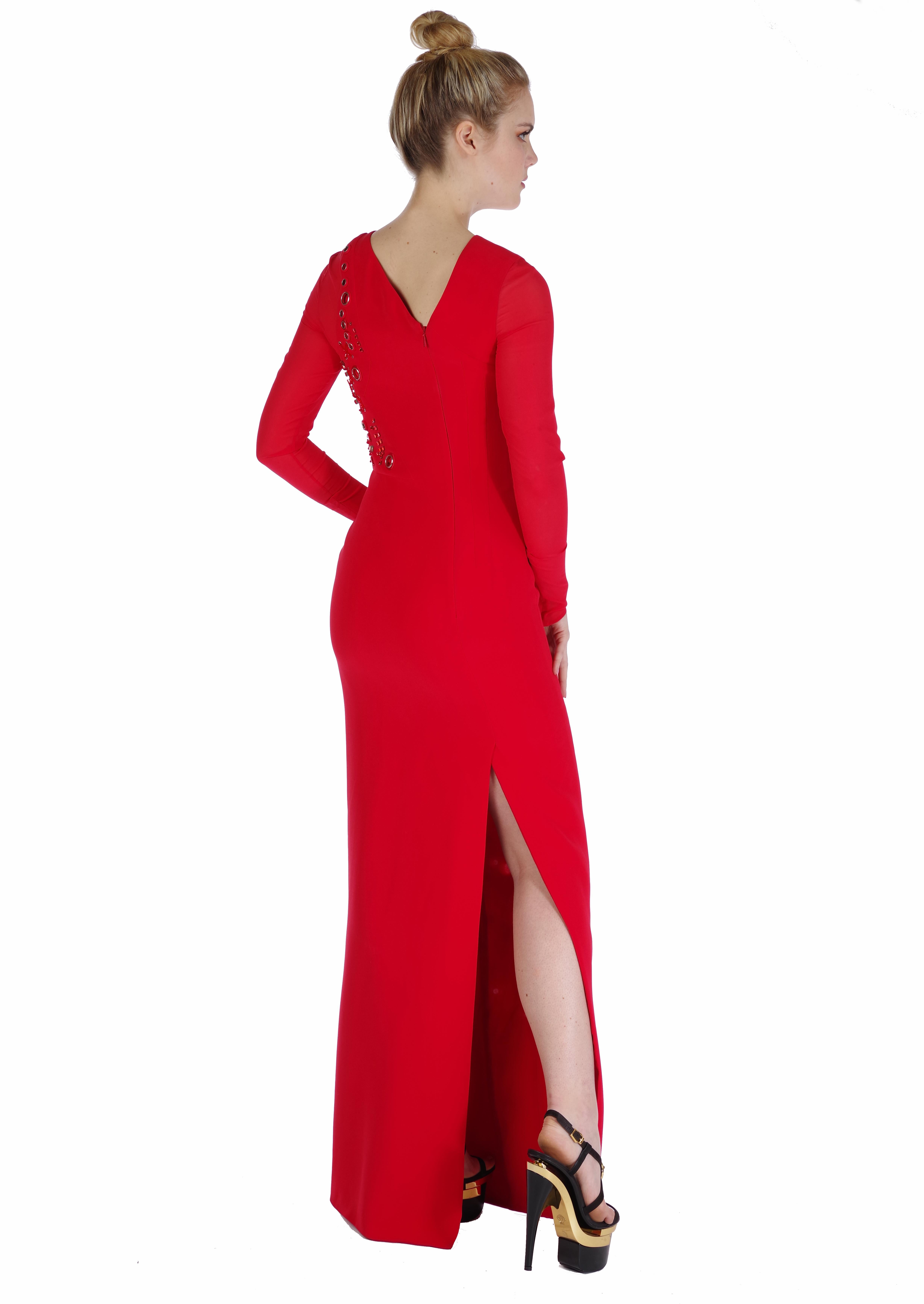 NEW VERSACE RED SILK EMBELLISHED GOWN with LONG SLEEVES For Sale 5