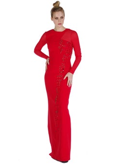 NEW VERSACE RED SILK EMBELLISHED GOWN with LONG SLEEVES