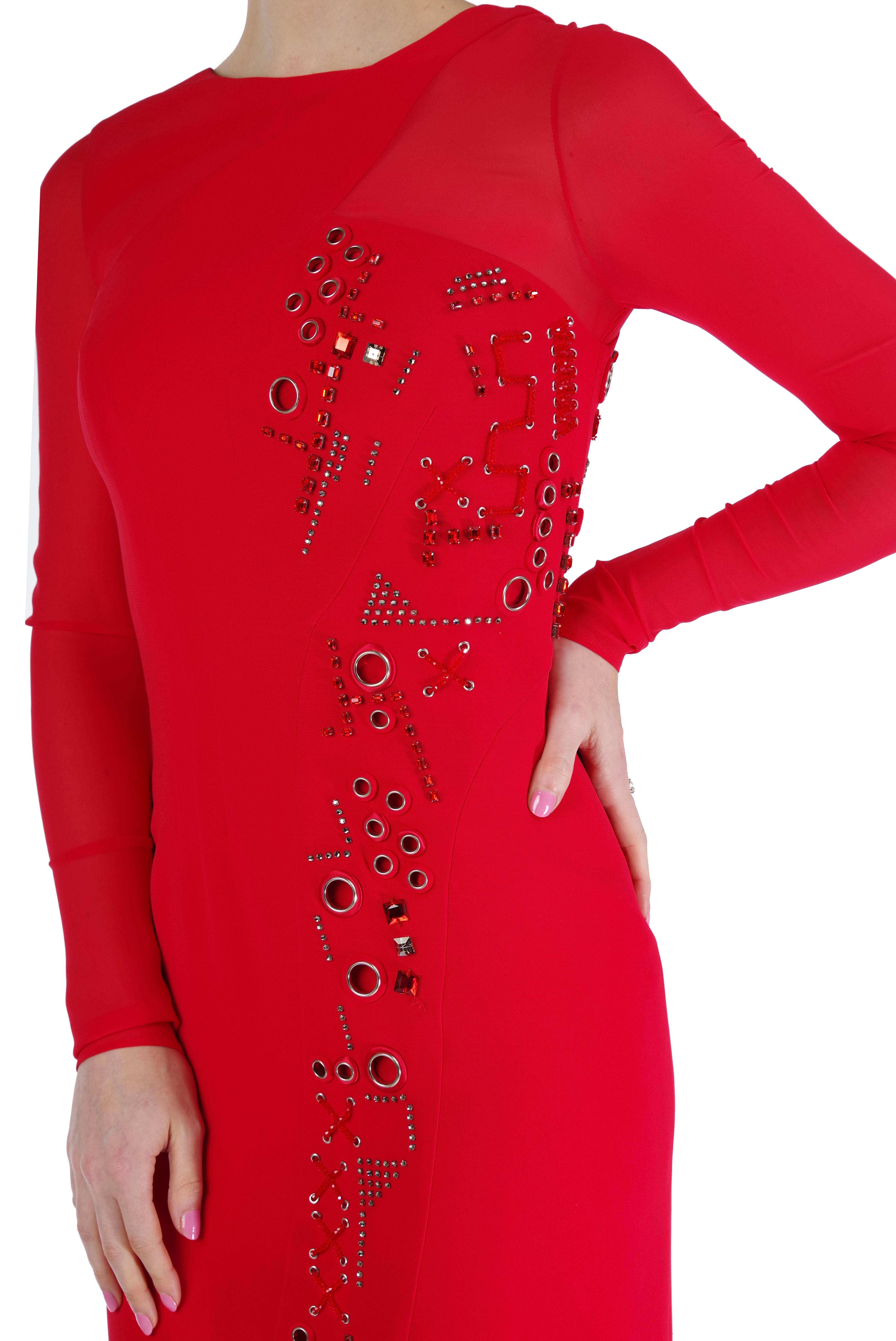 NEW VERSACE RED SILK EMBELLISHED GOWN with LONG SLEEVES For Sale 6