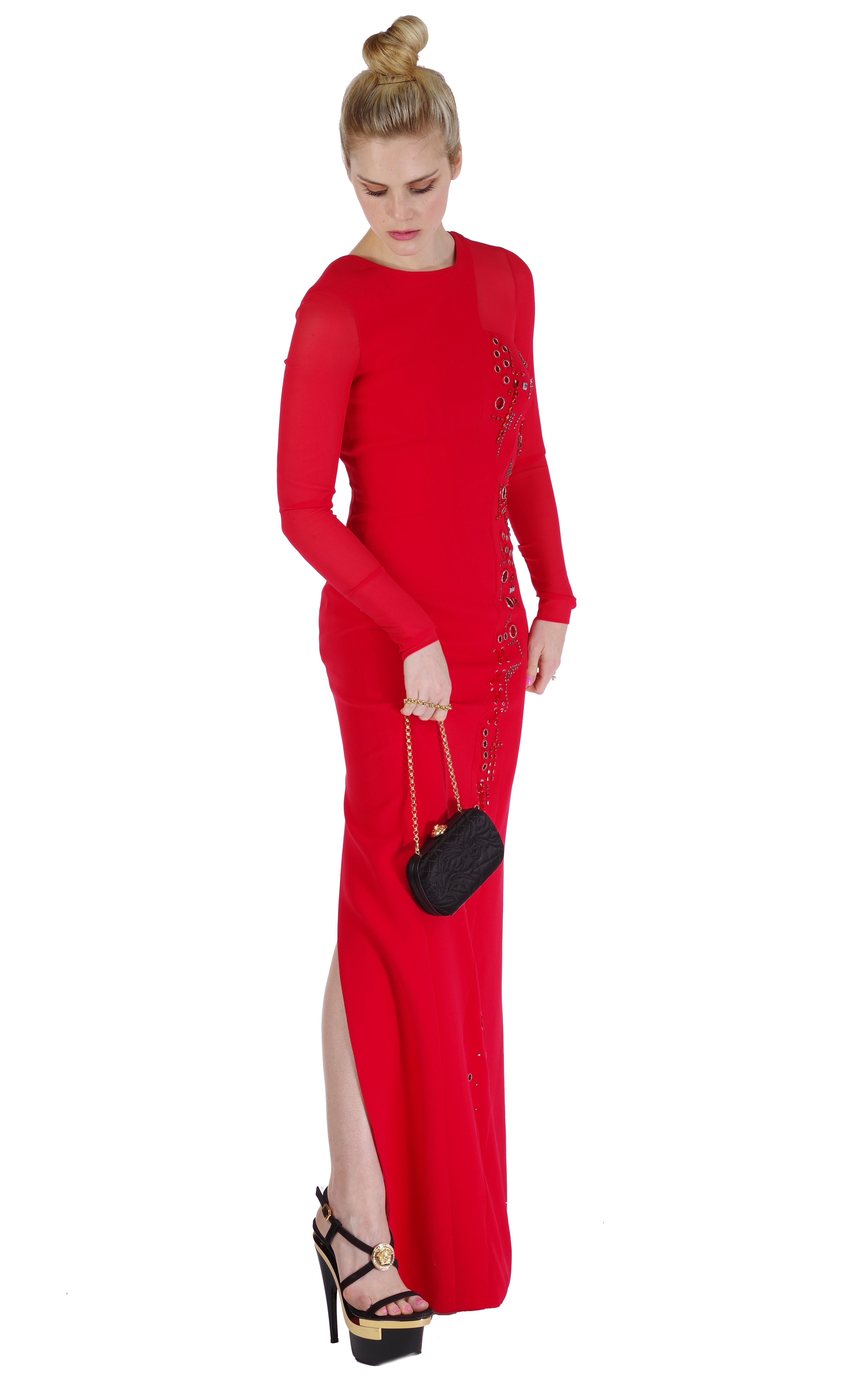 NEW VERSACE RED SILK EMBELLISHED GOWN with LONG SLEEVES For Sale 7