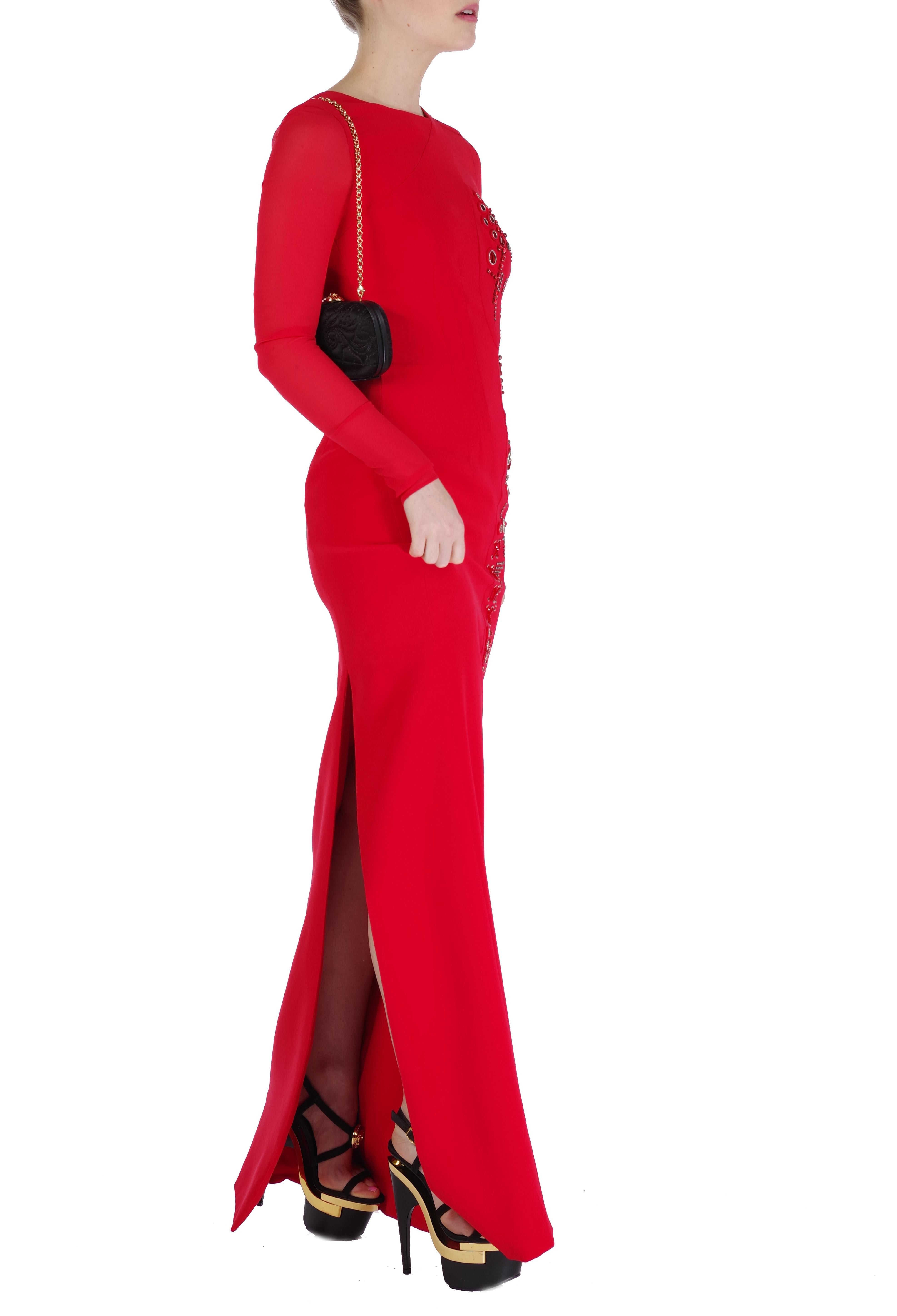 NEW VERSACE RED SILK EMBELLISHED GOWN with LONG SLEEVES For Sale 8