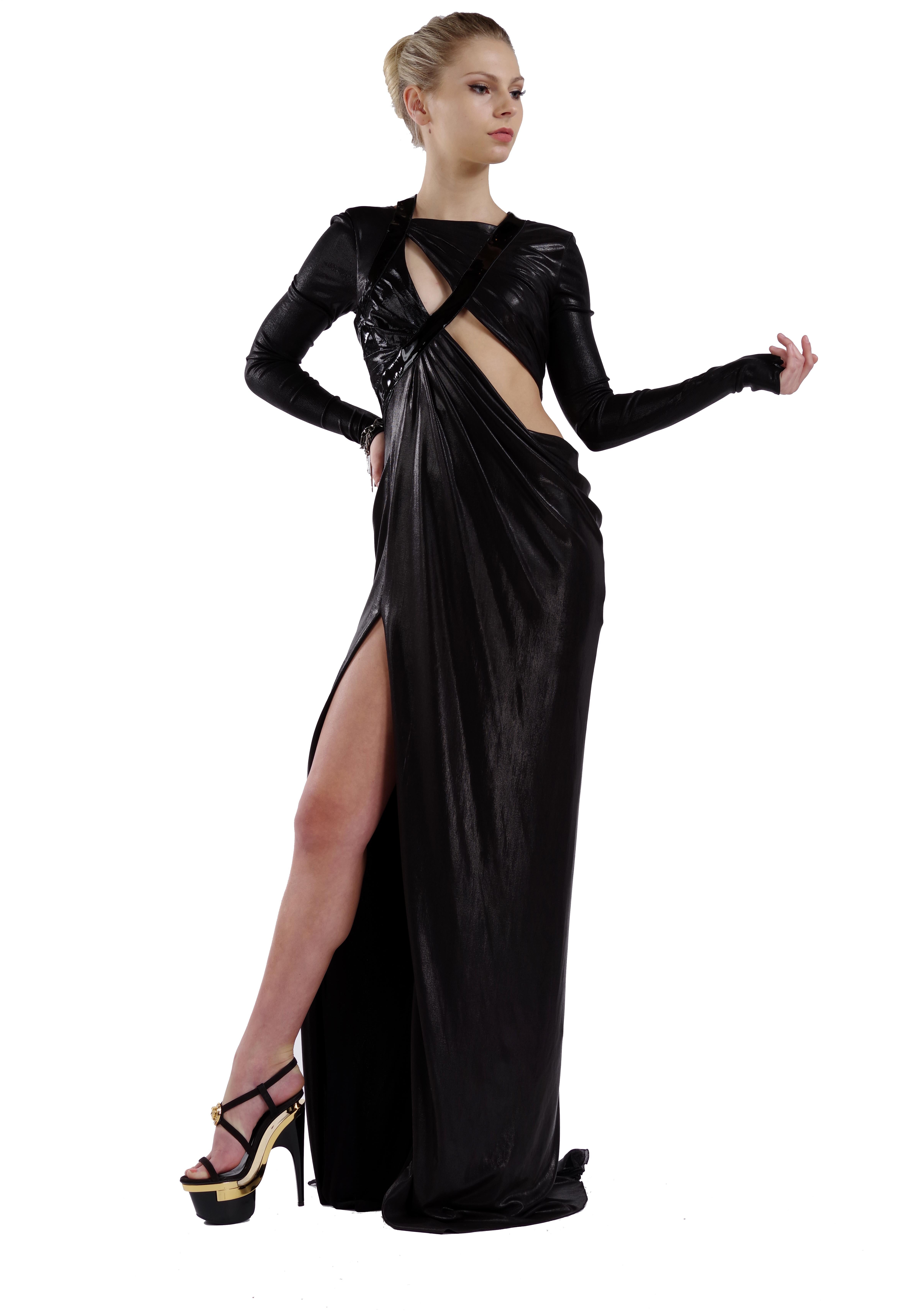 F/W 2013 L#51 VERSACE HOTTEST BLACK LIQUID JERSEY Gown 38 - 2 In Excellent Condition In Montgomery, TX