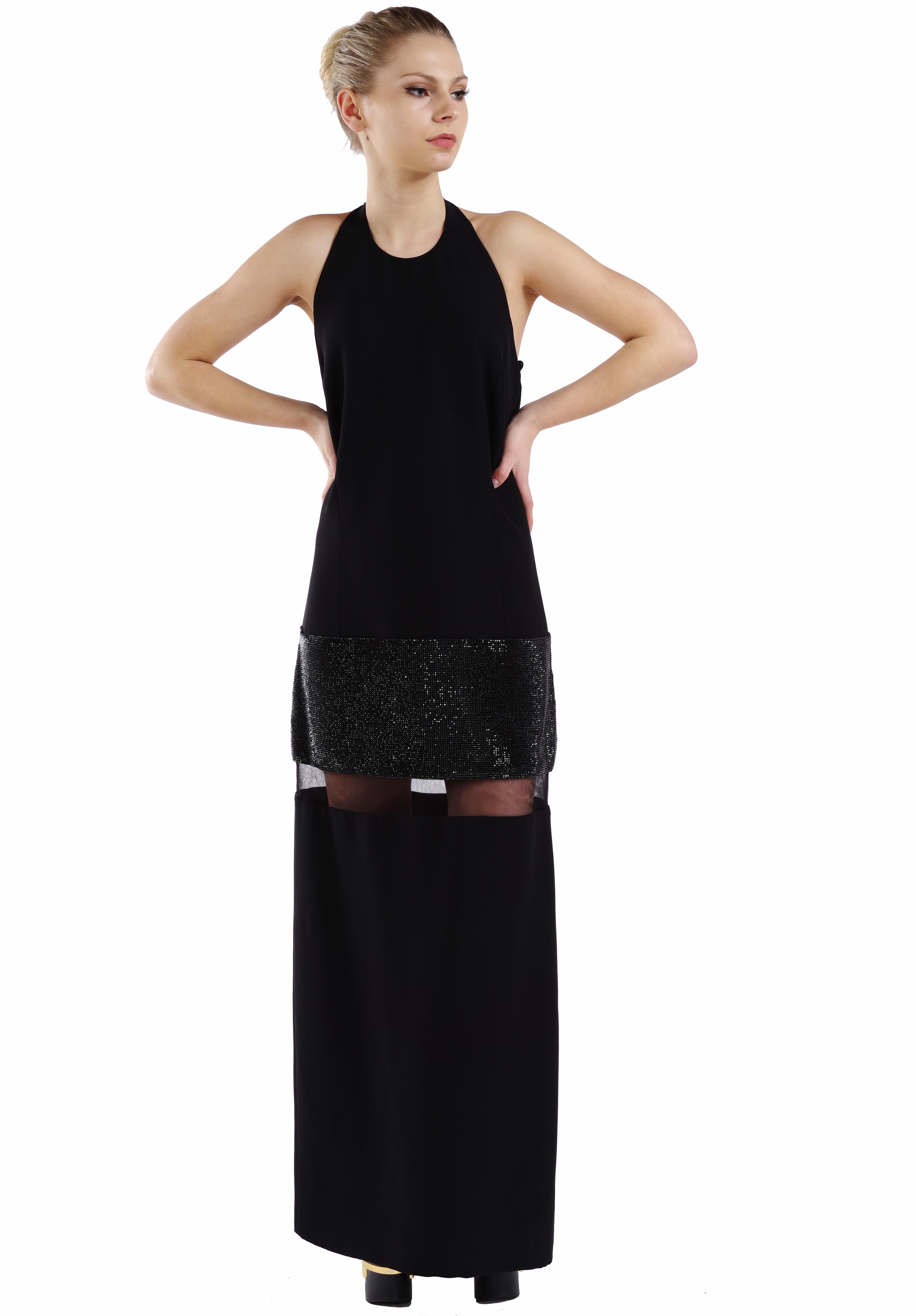 Noir Robe longue Versace look n° 42 noire ornée de cristaux en maille, printemps-été 2015  42 - 6 en vente