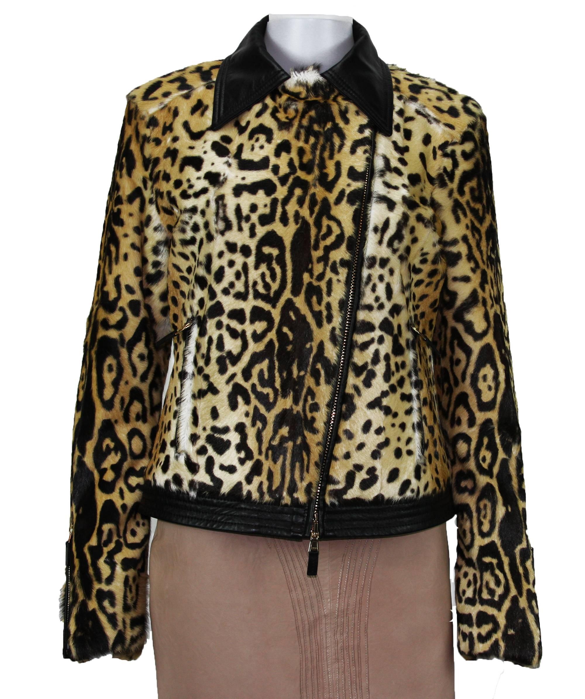 New Etro Runway Leopard Printed Fur Moto Jacket In New Condition In Montgomery, TX