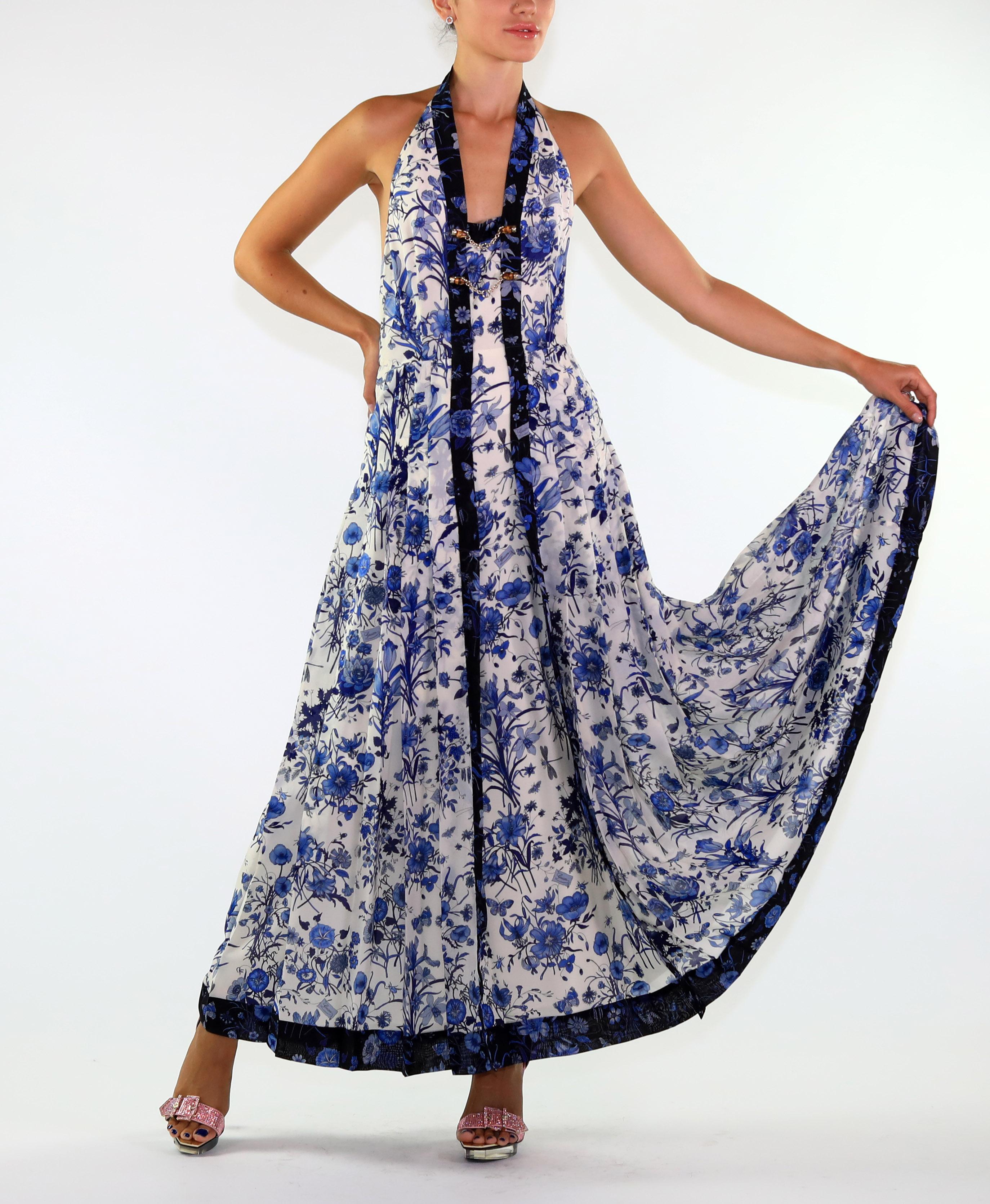Gray Gucci White and Blue Floral Print Silk Dress