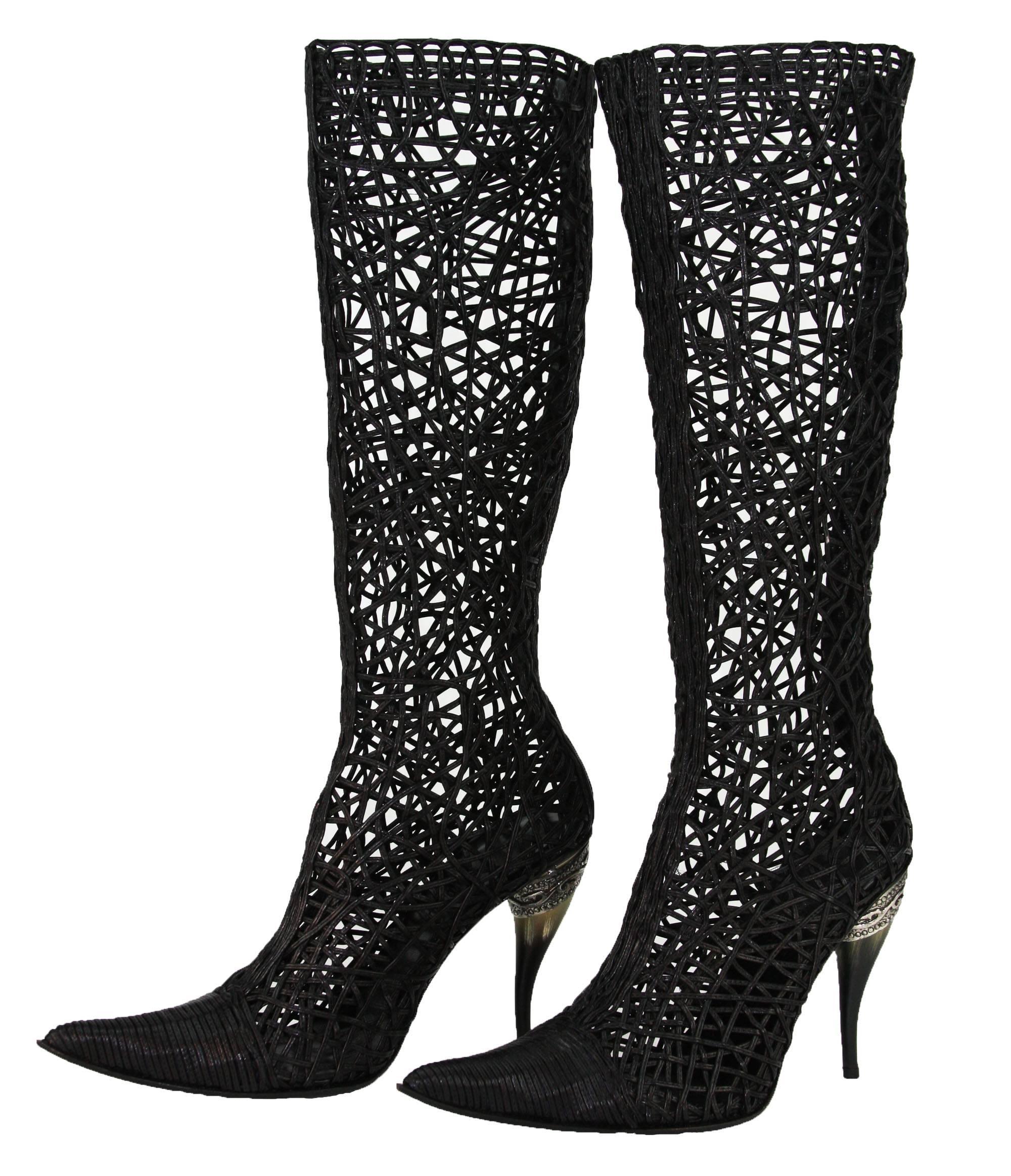 Black New GIANNI BARBATO BRAIDED LEATHER CAGE BOOTS