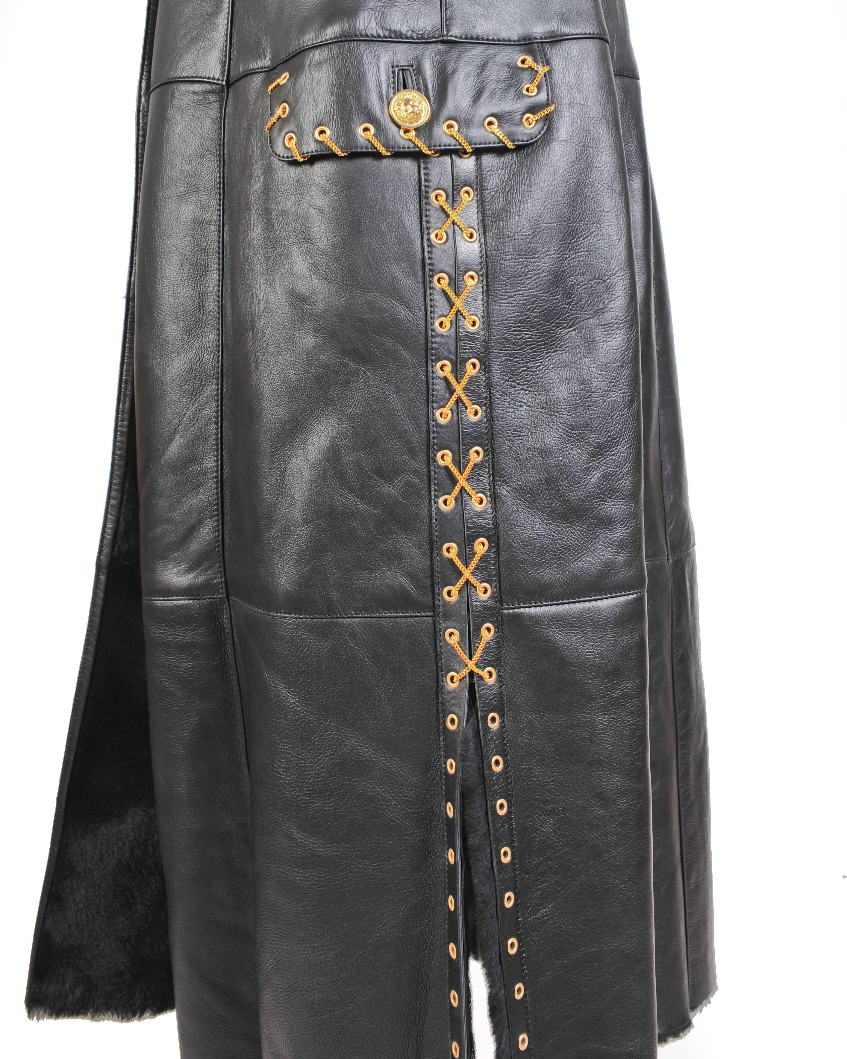 Black New VERSACE VERSUS BLACK SHEARLING FUR LEATHER COAT