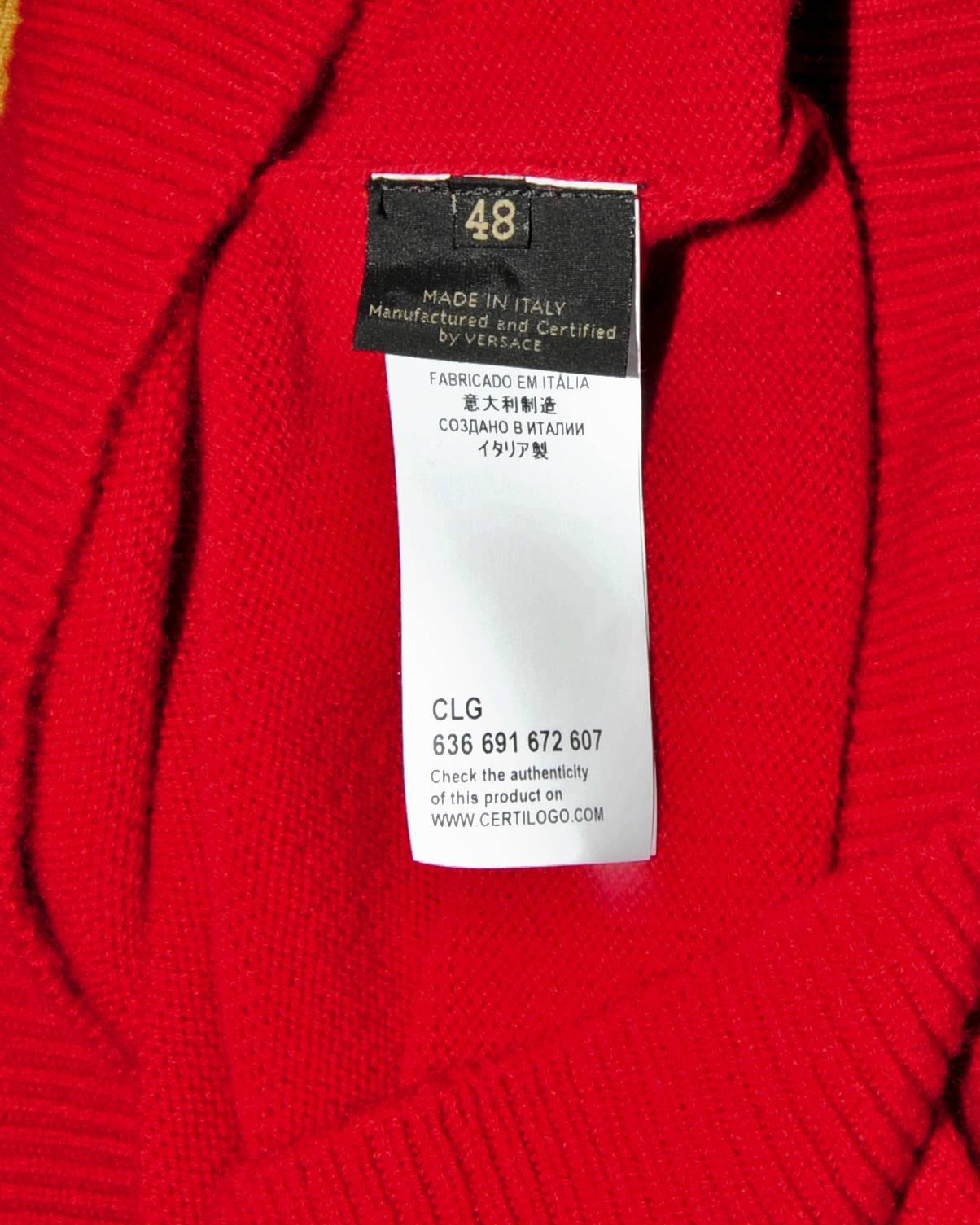 Red New VERSACE RED JEWEL EMBELLISHED 100% CASHMERE CREWNECK SWEATER For Sale