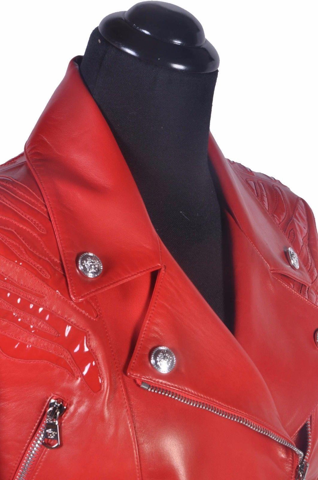 New VERSACE Red Leather Moto Jacket With Vinyl Animal Stripes In New Condition For Sale In Montgomery, TX