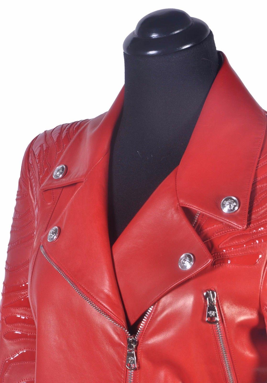 Women's New VERSACE Red Leather Moto Jacket With Vinyl Animal Stripes For Sale