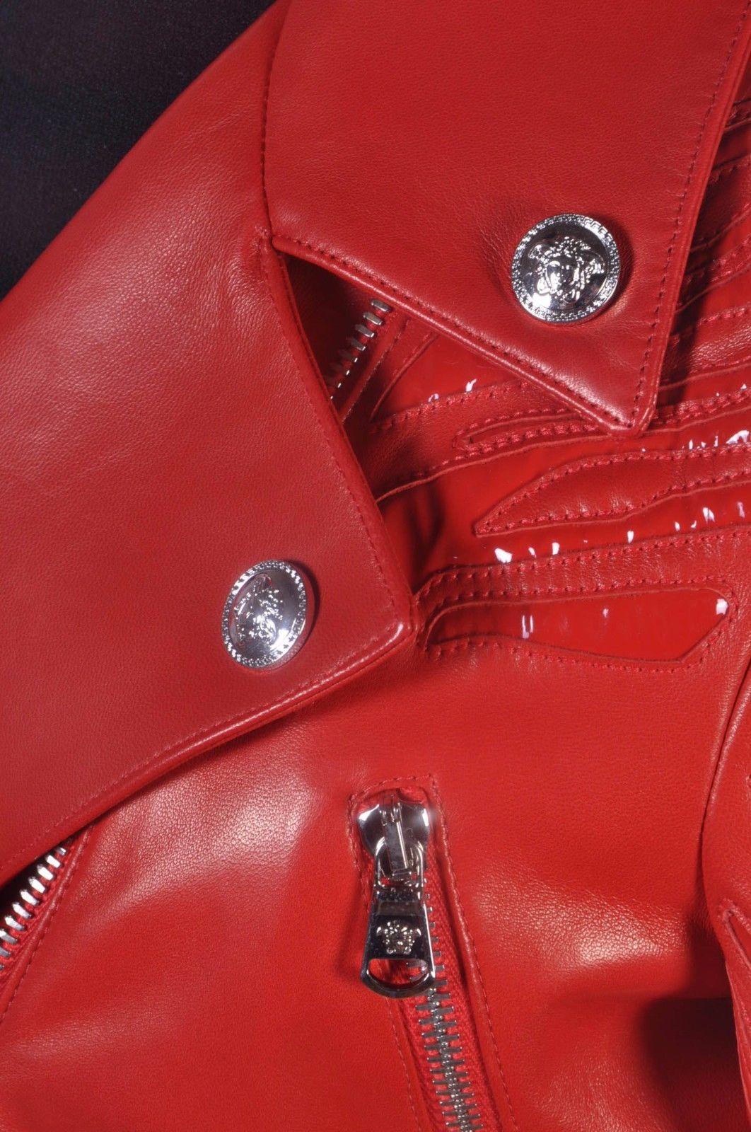 New VERSACE Red Leather Moto Jacket With Vinyl Animal Stripes For Sale 1