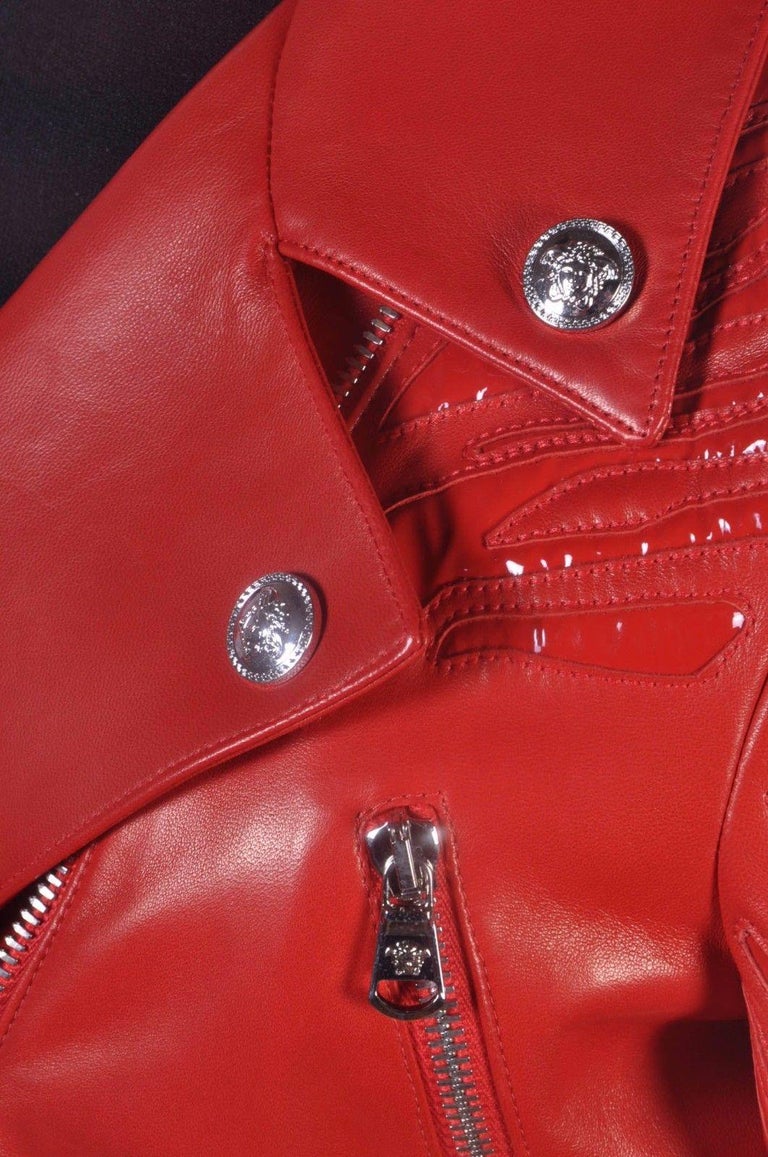 New VERSACE Red Leather Moto Jacket With Vinyl Animal Stripes For Sale at  1stDibs | red vinyl jacket, versace red leather jacket, versace red jacket