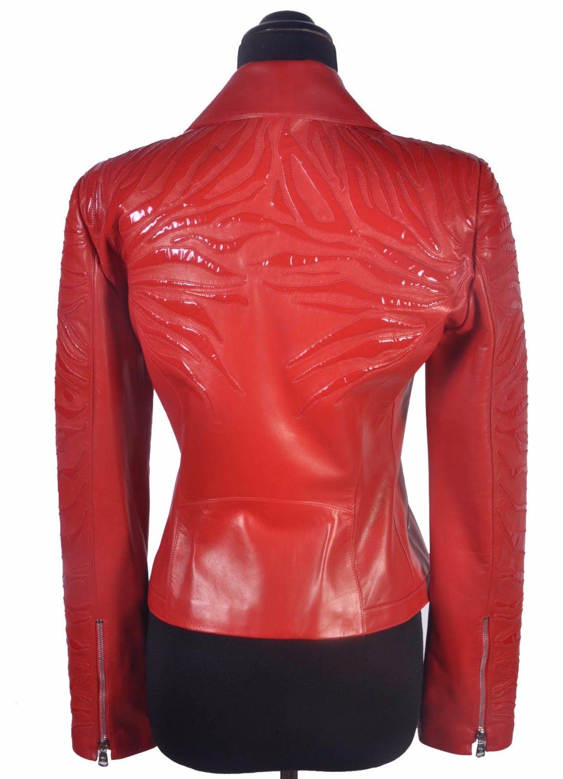New VERSACE Red Leather Moto Jacket With Vinyl Animal Stripes For Sale 2