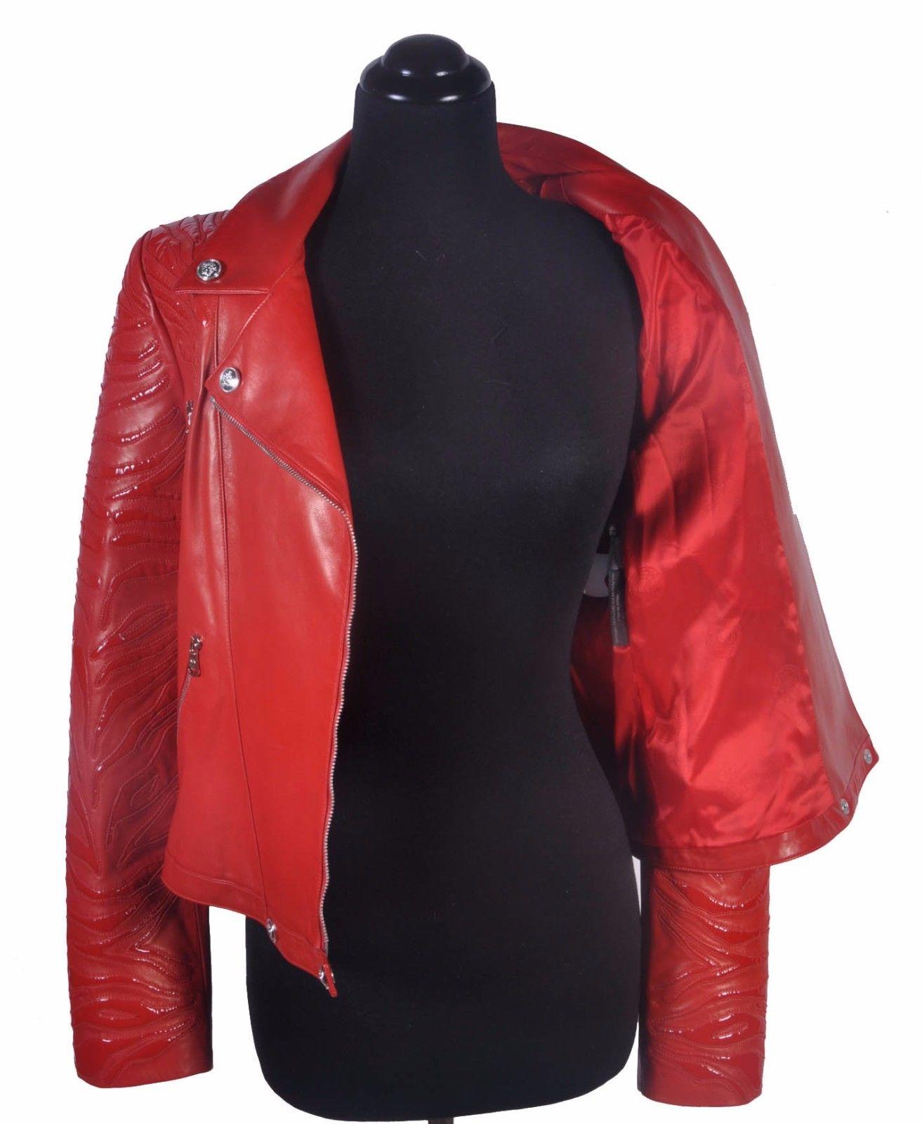 New VERSACE Red Leather Moto Jacket With Vinyl Animal Stripes For Sale 3