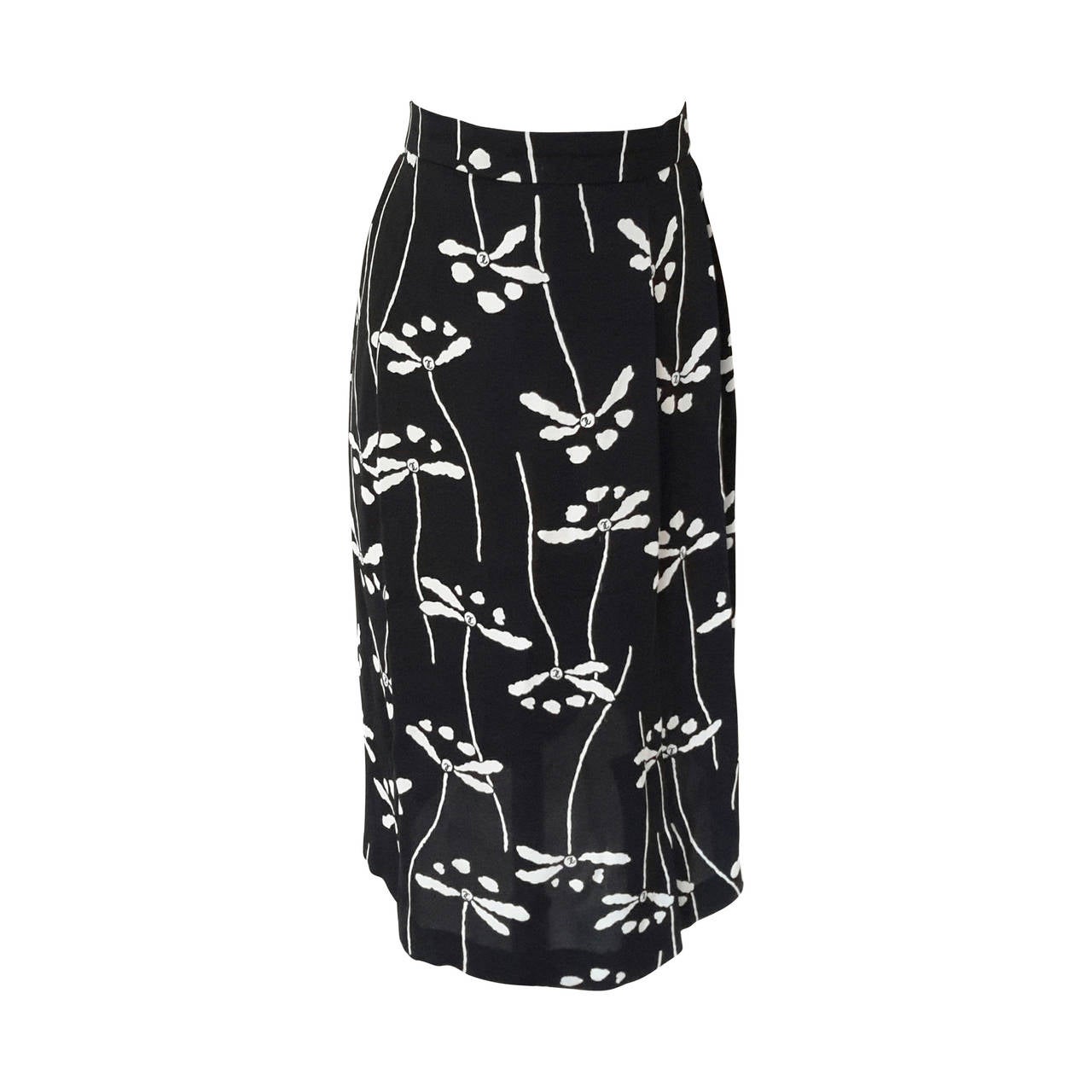 Chanel black and white dragonfly logo silk skirt For Sale