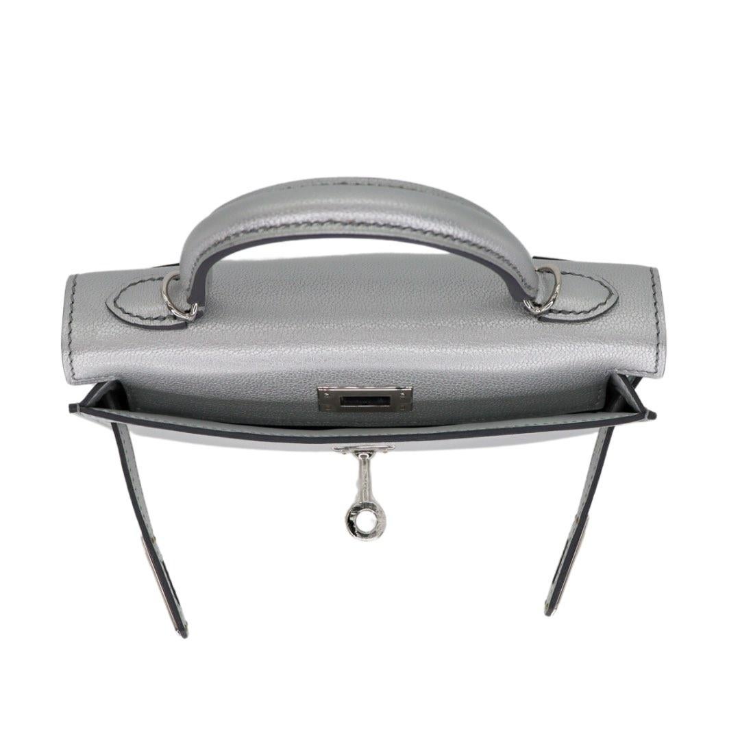 Hermès Kelly II Sellier Mini Gris Argente Chèvre Chamkilight Palladium Hardware im Angebot 2