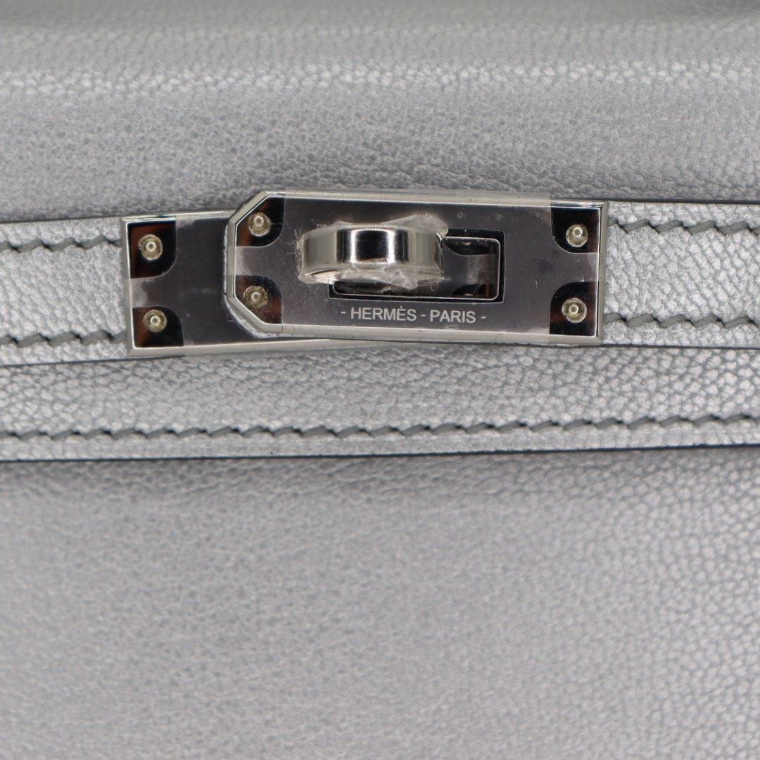 Hermès Kelly II Sellier Mini Gris Argente Chèvre Chamkilight Palladium Hardware Damen im Angebot