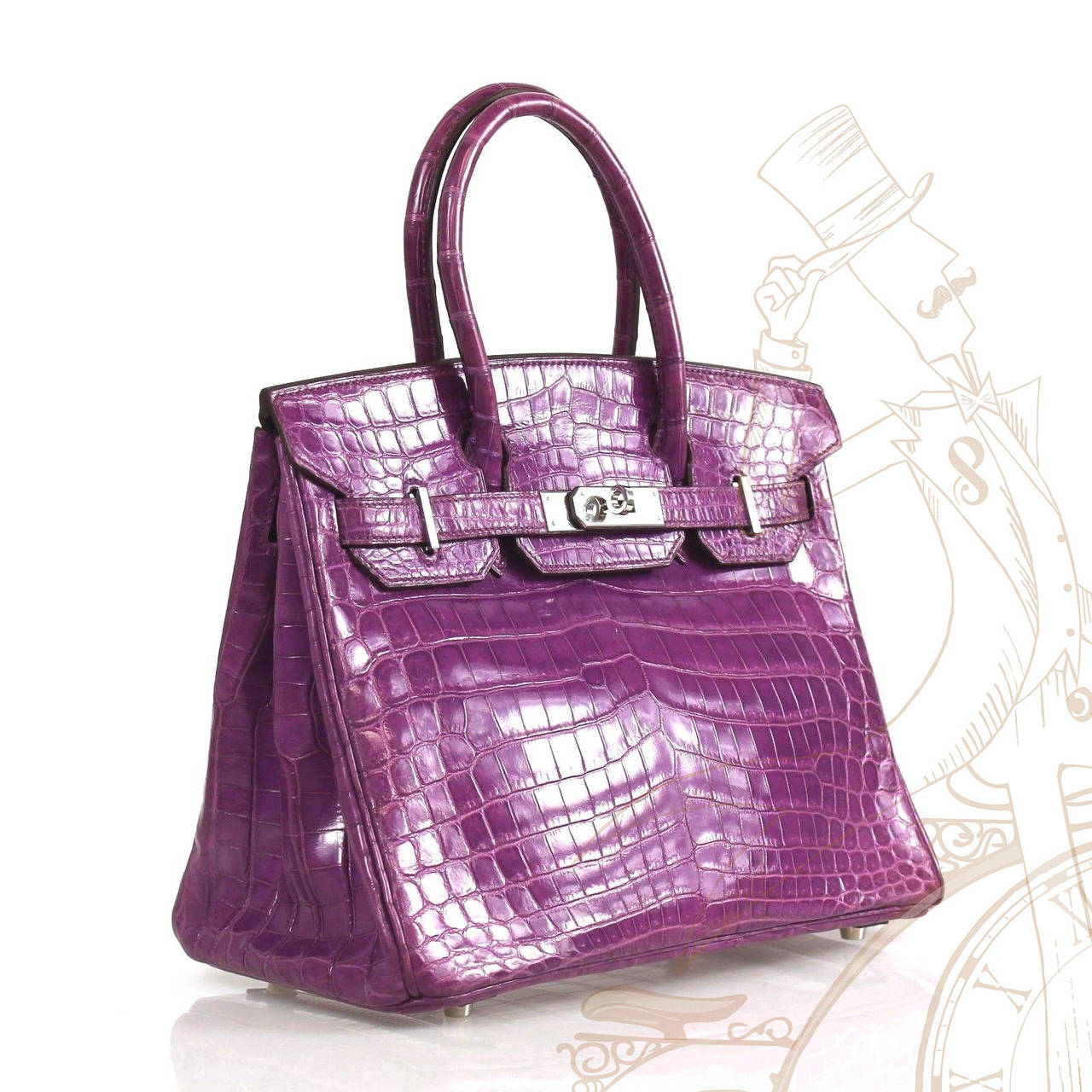 This is an authentic Hermes Shiny Porosus Crocodile Purple Birkin 30 cm. This Birkin Porosus crocodile in bright purple with contrasting crocodile trim found at the piping, side gussets, top handles and straps. The bag features rolled crocodile top
