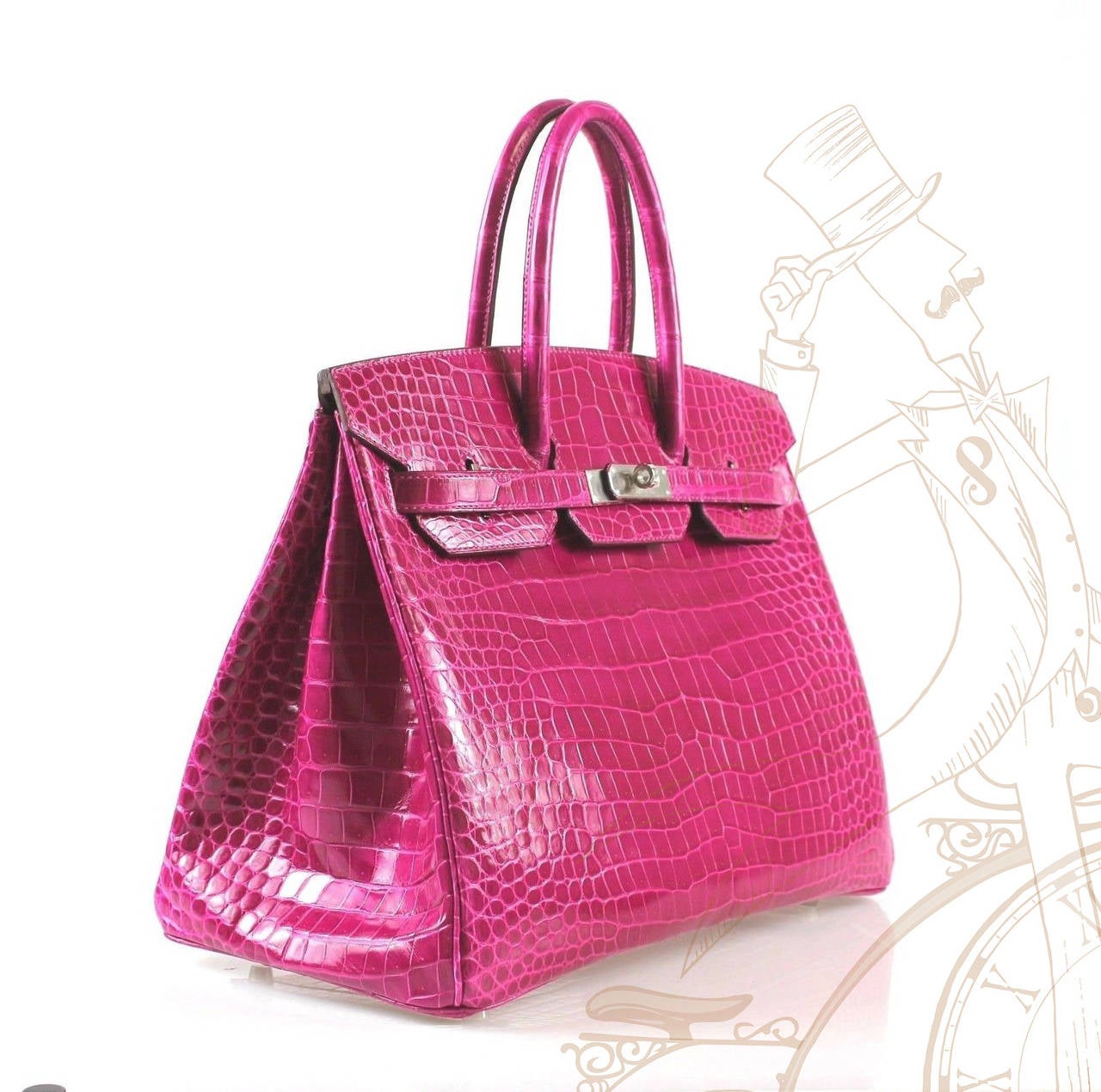 This is an authentic Hermes Shiny Porosus Crocodile Magenta Birkin 35 in Rose Scheherazade. This Birkin Porosus crocodile in bright pink/magenta with contrasting crocodile trim found at the piping, side gussets, top handles and straps. The bag