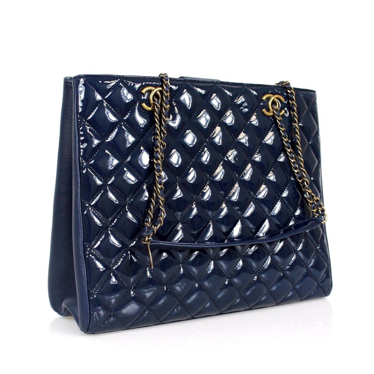 Chanel Navy Blue Quilted Patent Goat Skin Leather Large Shopping Tote Bag
