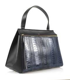 Céline Navy Black Ostrich Leather Edge Blue Tote Bag